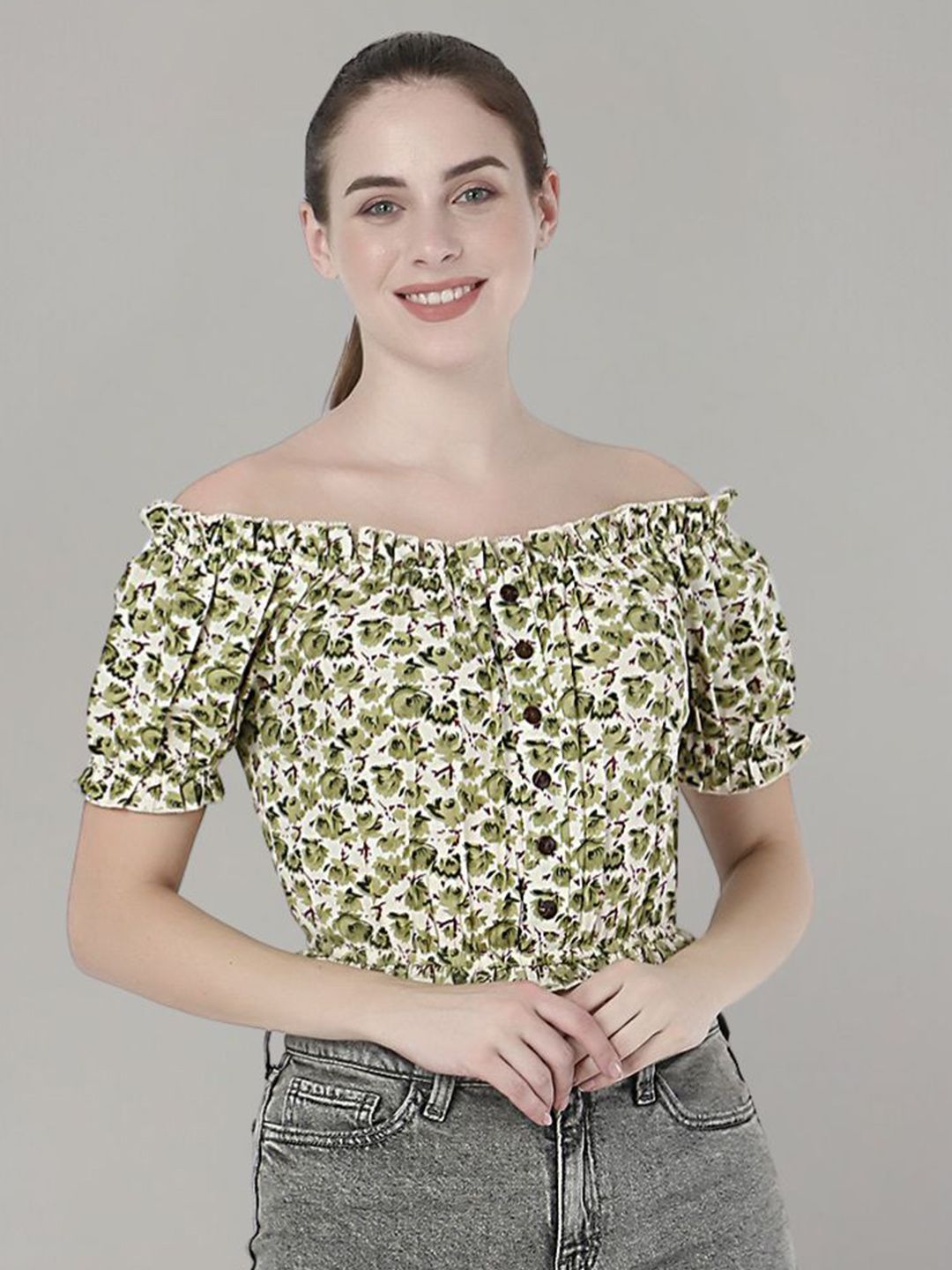 Zuvino Women Floral Print Off-Shoulder Puff Sleeve Crop Top-picture-13