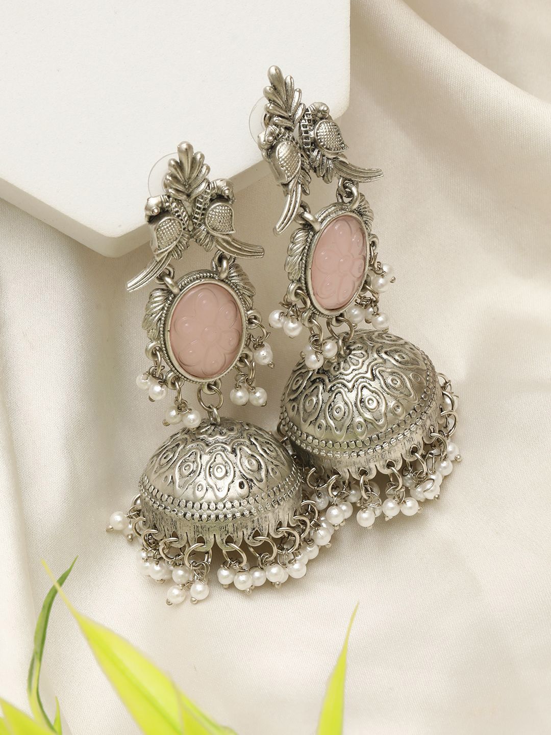 VIVAZS Silver-Plated Artificial Beaded Dome Shaped Oxidised Jhumkas-picture-26