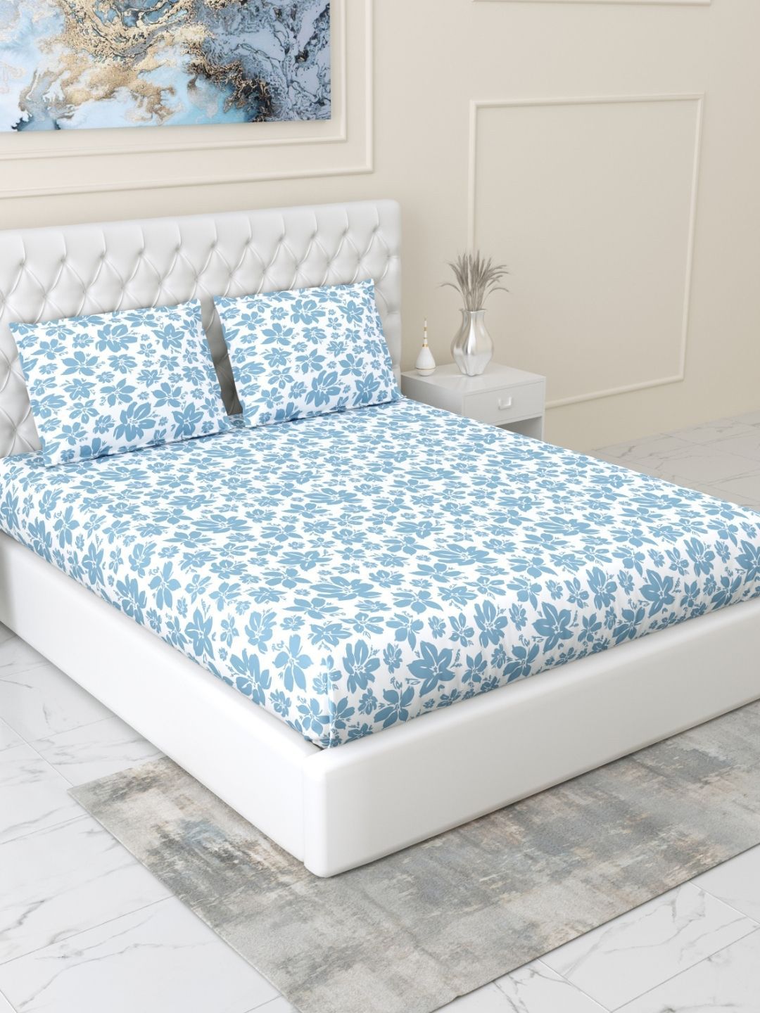 haus & kinder SS 25 Blue Printed Cotton 144 TC Fitted King Bedsheet Set 1.98 x 1.89 m-picture-28