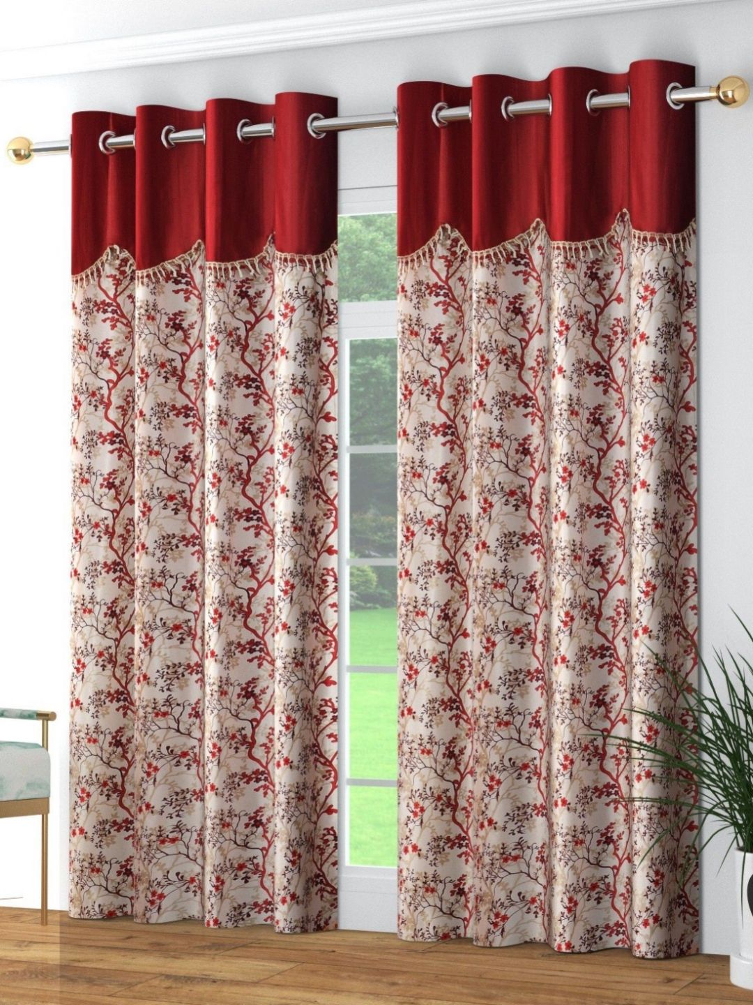Galaxy Home Decor Maroon 2 Pieces Floral Long Door Curtain-picture-27