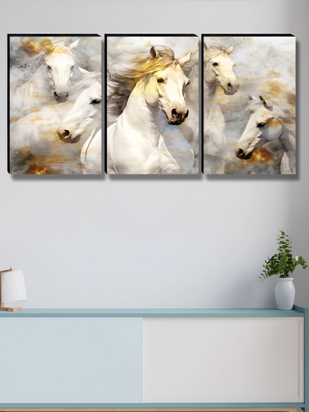 SAF White & Gold-Toned 3 Pieces Horse Printed Wooden Wall Art-picture-26