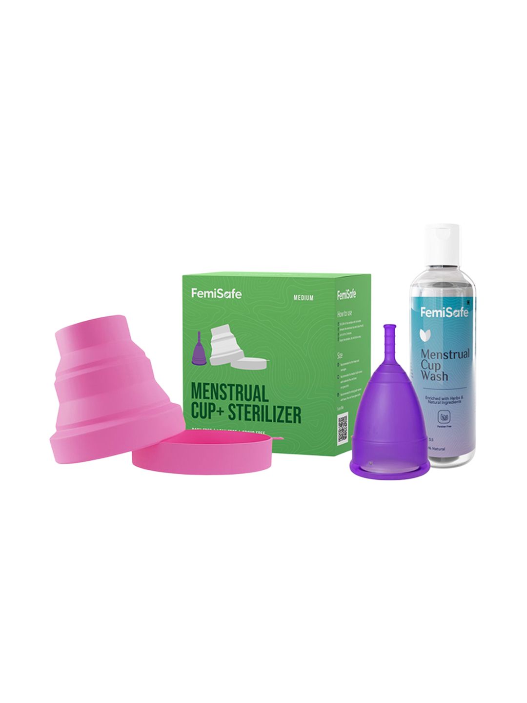 FEMISAFE Set Of Menstrual Cup- M & Sterilizer And Cup Wash