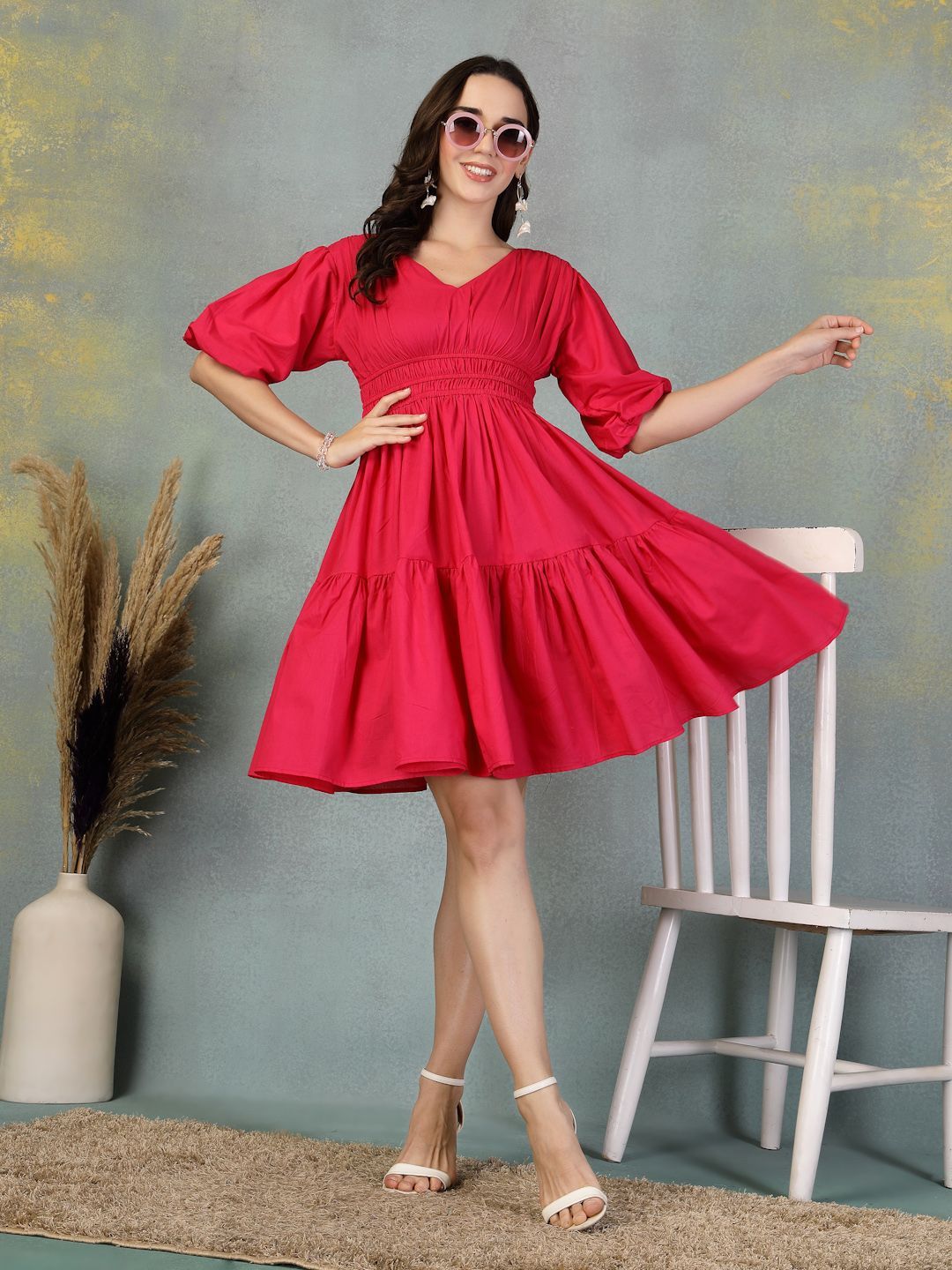 Clora Creation Women V Neck Puff Sleeves Tiered Fit & Flare Dress-picture-31