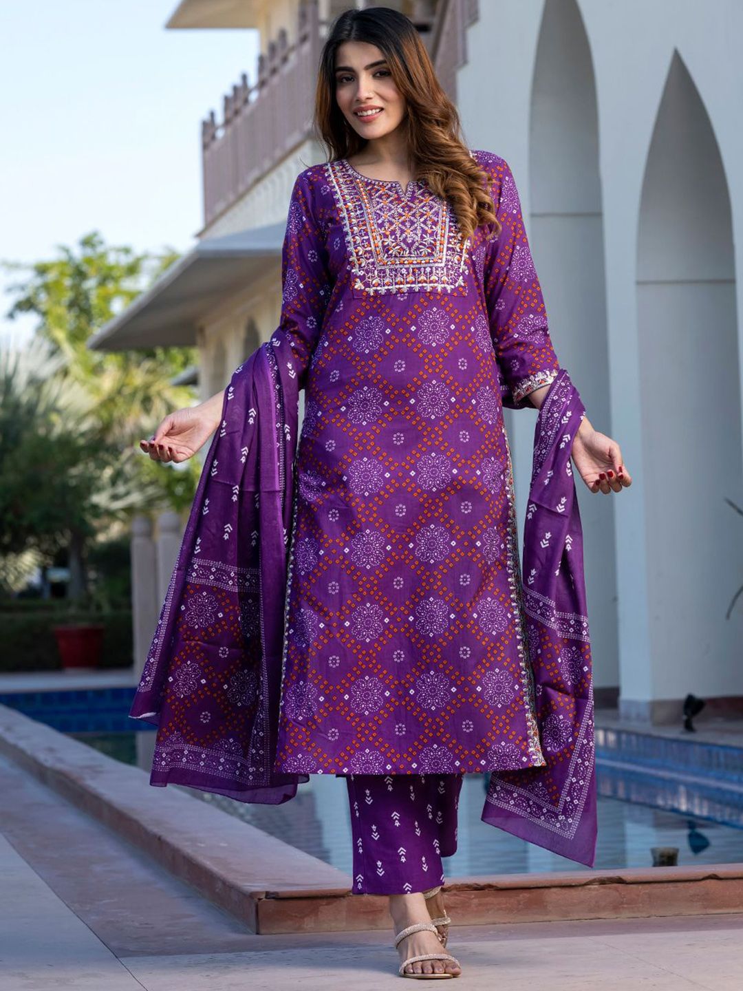 KALINI Women Bandhani Embroidered Regular Sequinned Pure Cotton Kurta with Trousers & With Dupatta-picture-16