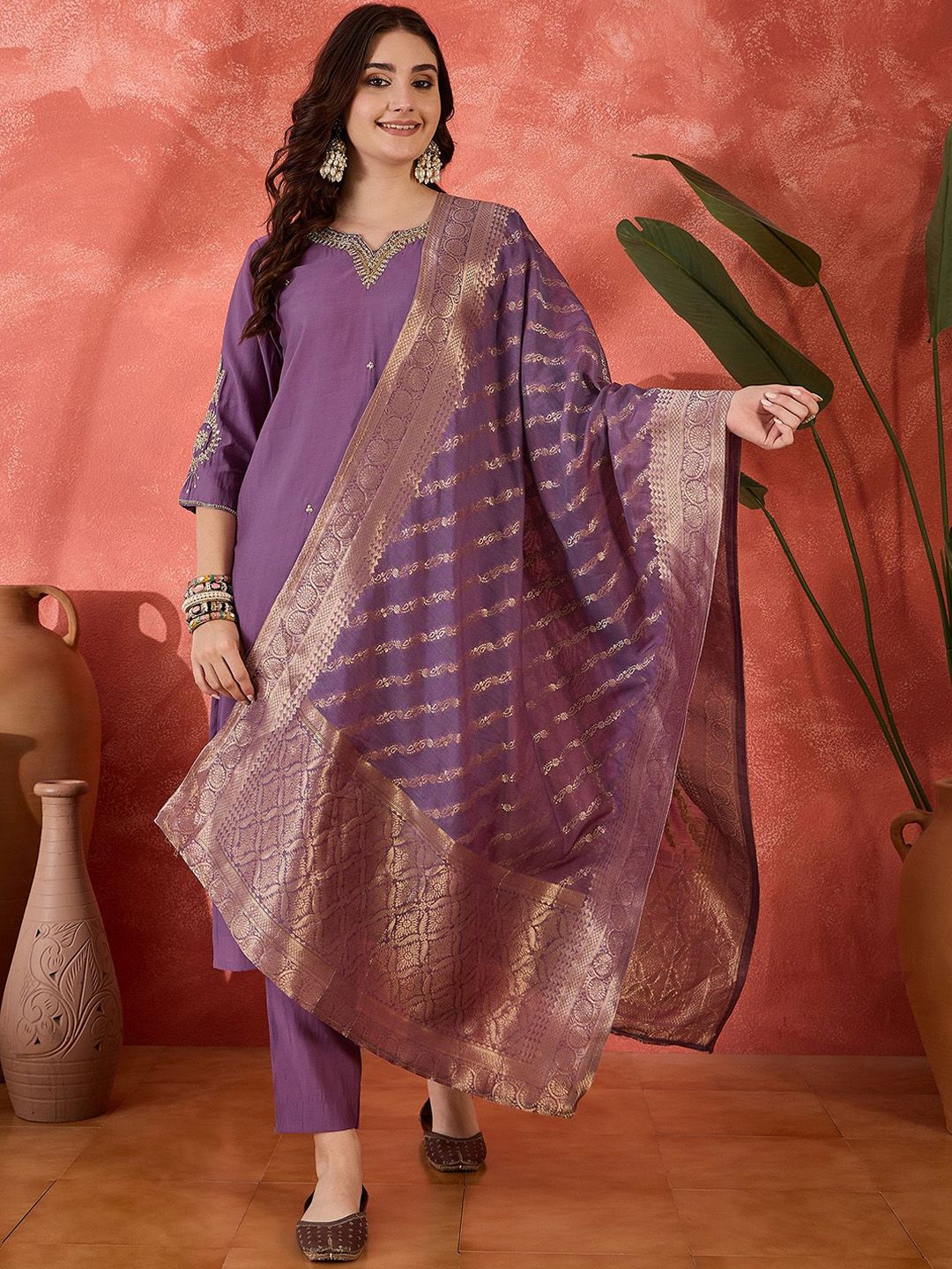Sangria Ethnic Motifs Embroidered Straight Kurta & Trousers With Dupatta-picture-48