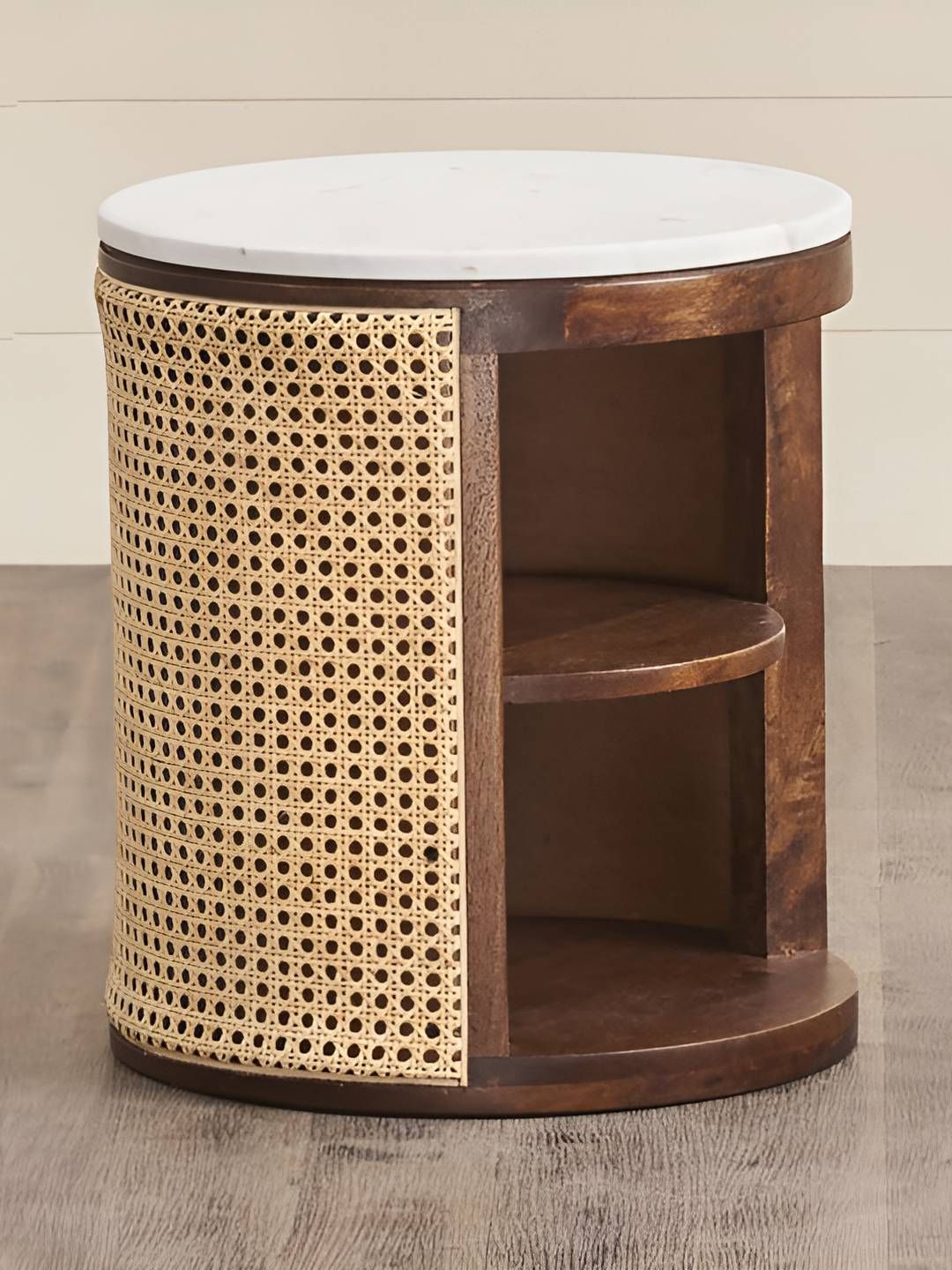 GLOBALLY INDIAN White & Brown Wooden Round BedsideTable With Drawer