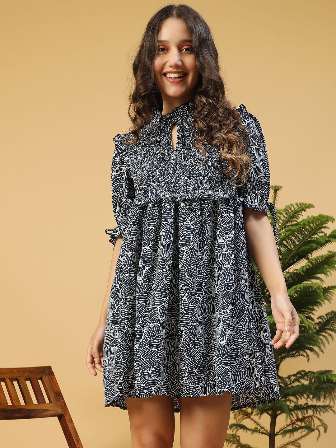 Oxolloxo Women Tropical Printed Empire Dress With Smocking Detailed-picture-15