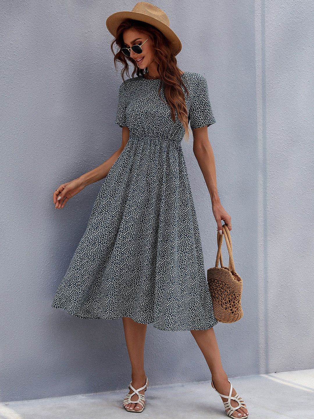 Outzidr Women Polka Dot Print Fit & Flare Midi Dress