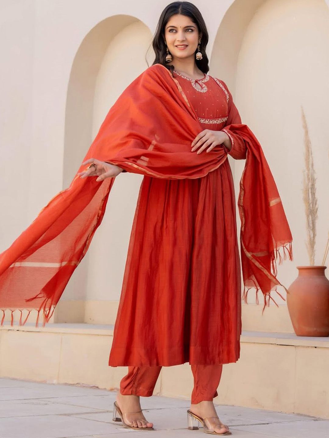 Lilots Women Embroidered Regular Zardozi Kurta with Trousers & With Dupatta