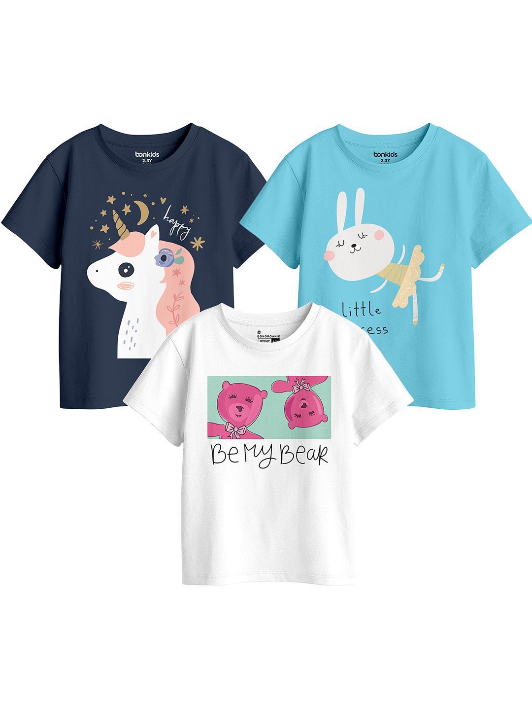BonOrganik Girls Pack of 3 Graphic Printed Round Neck Cotton T-shirts-picture-55