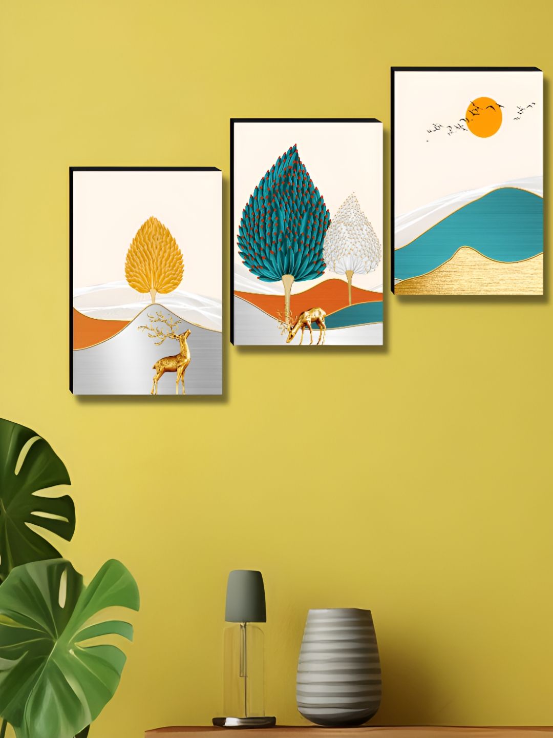 Aura White & Green 3 Pieces Tree & Deer Birds & Animals Printed Wooden Wall Art-picture-30