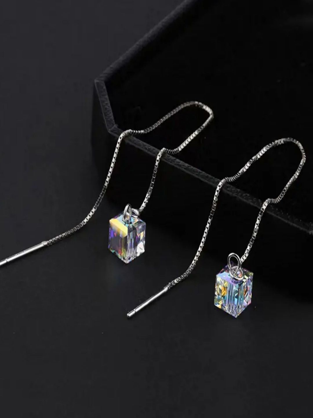 DressBerry Silver-Plated Artificial Stones Studded Contemporary Shaped Drop Earrings-picture-19