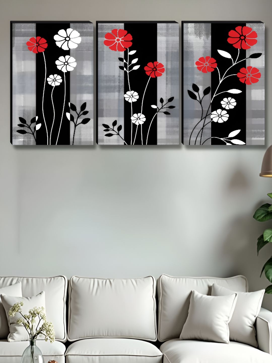 Aura Black & Red 3 Pieces Floral And Botanical Printed Wood Wall Art-picture-12