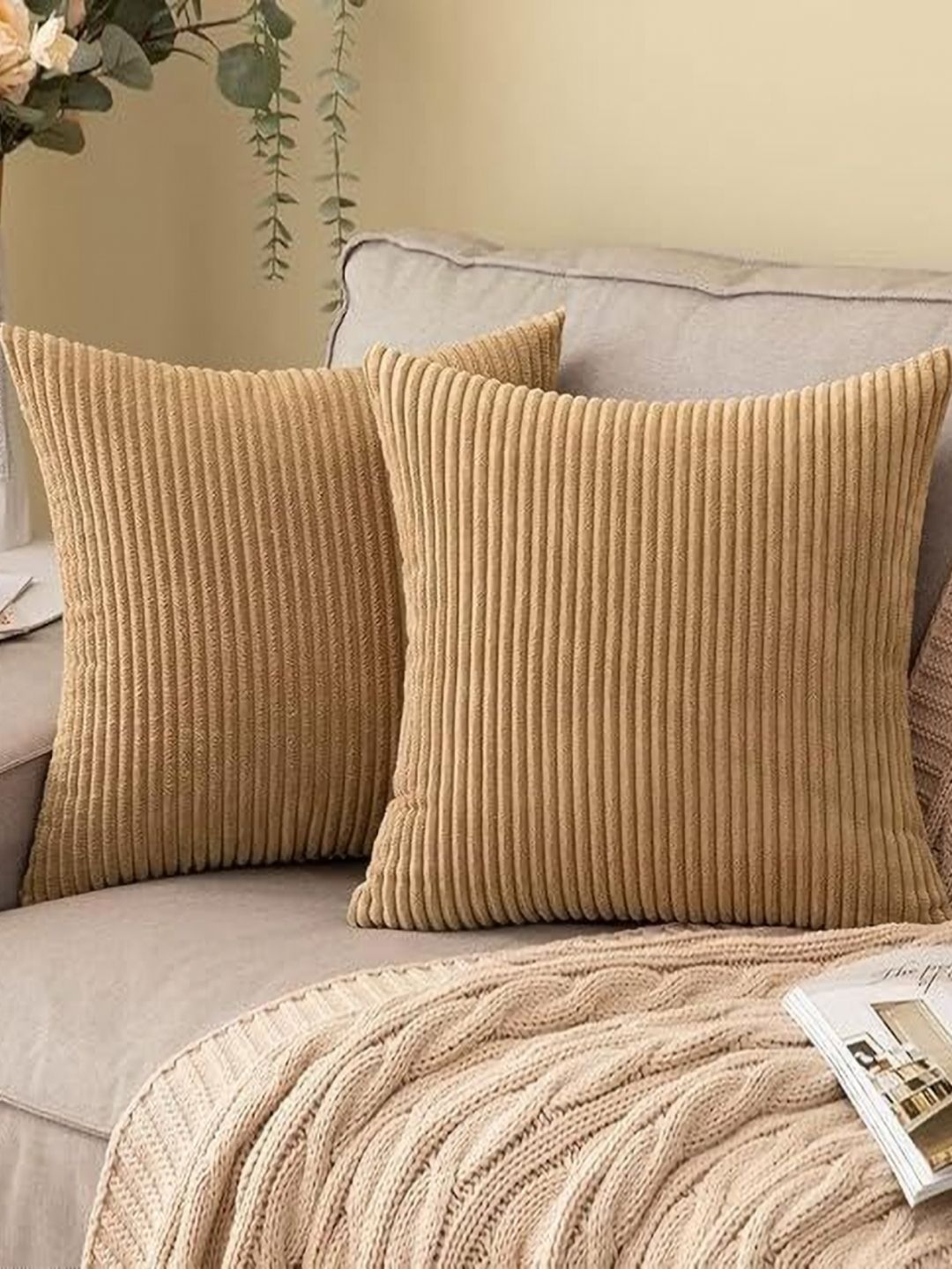 TANLOOMS Gold-Toned Set of 2 Striped Velvet Square Cushion Covers-picture-20