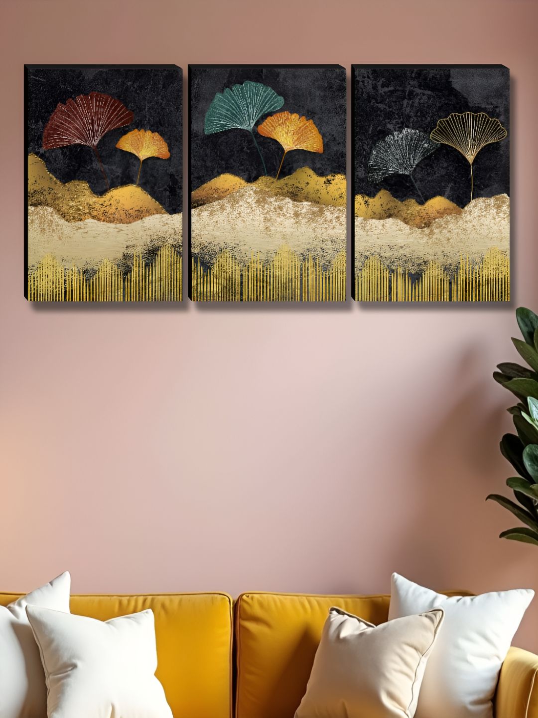 Aura Gold-Toned & Black 3 Pieces Abstract Printed Wooden Wall Art-picture-29