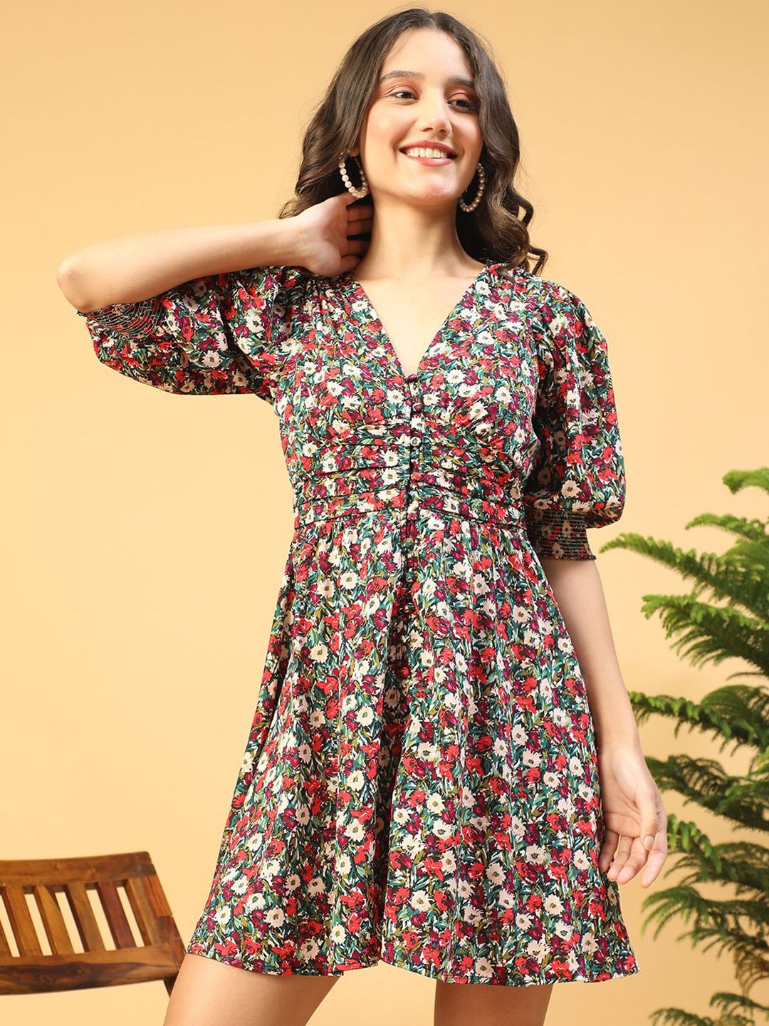 Oxolloxo Women Floral Printed V-Neck Dress with 3/4 Sleeves and Smocked Button-Down Detail-picture-32