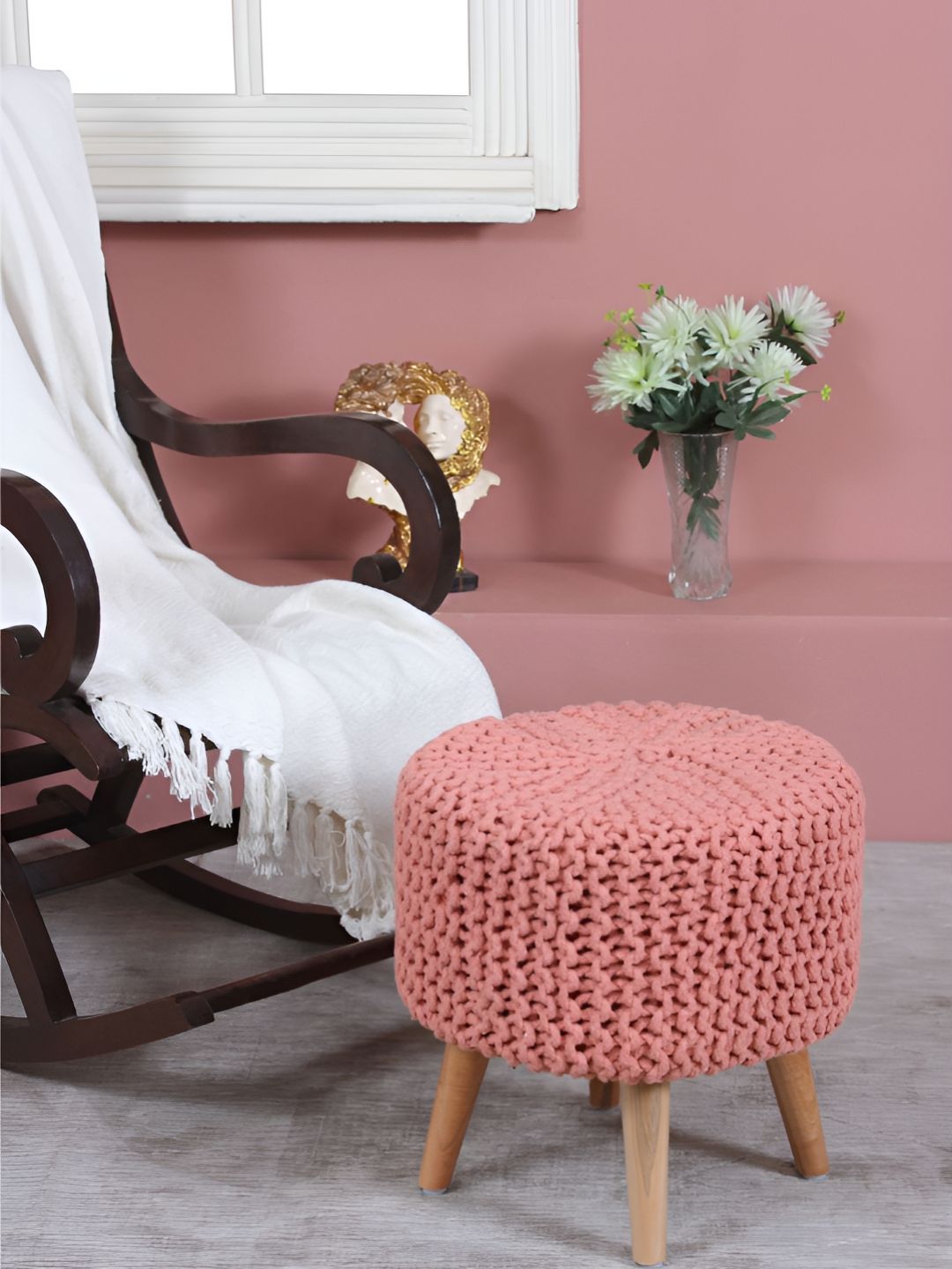 Shadowkart Pink And Beige Textured Wooden Cylindrical Pouffes Ottomans-picture-12
