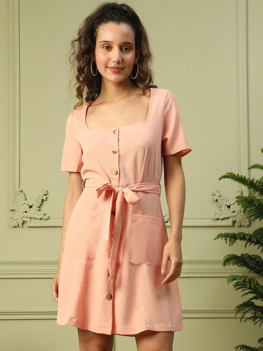 Oxolloxo Women Peach Round Neck Button Down Dress With Tie Knot Waist Belt-picture-34