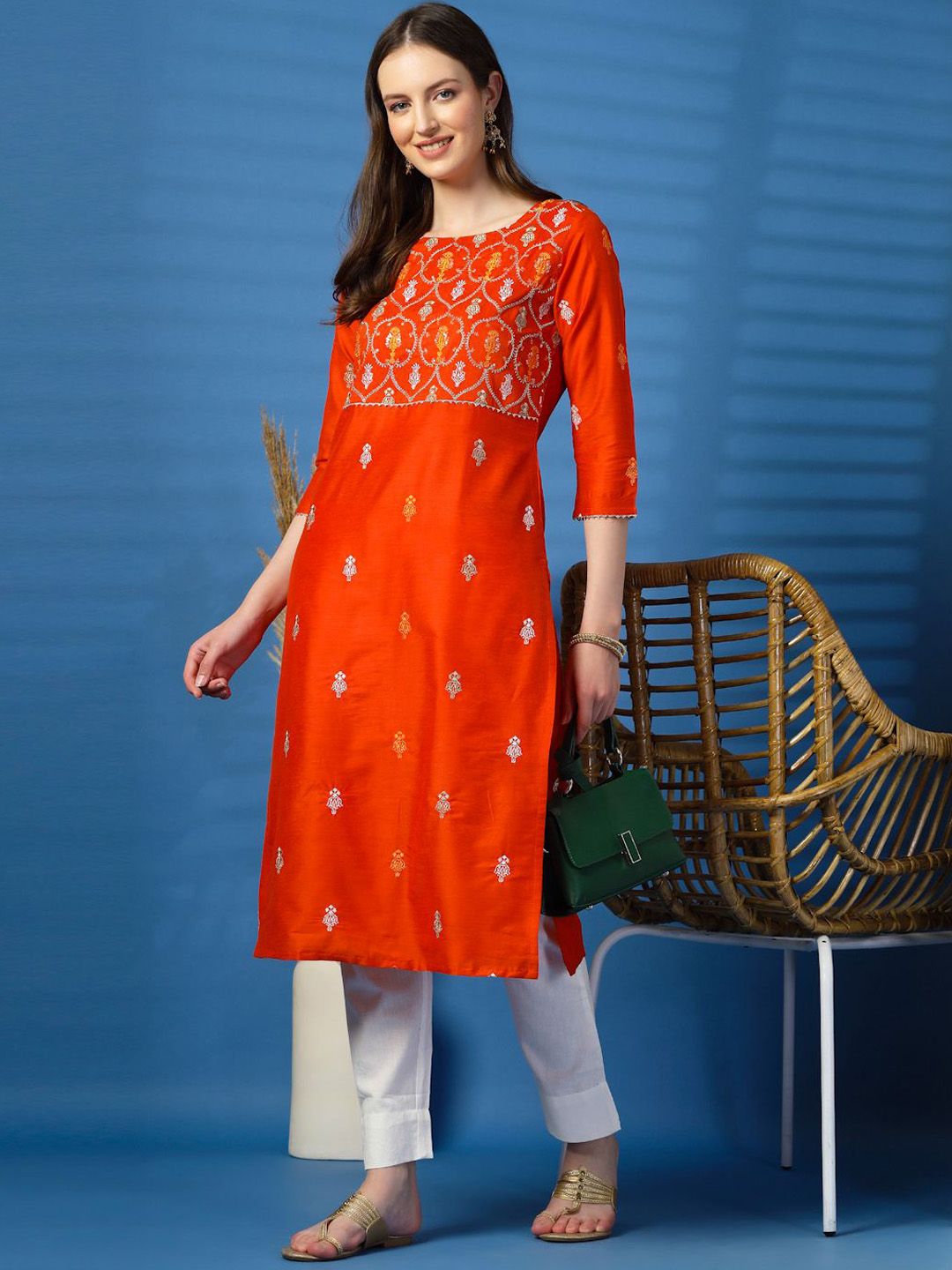 Green Embroidered Thread Work Straight Kurta
