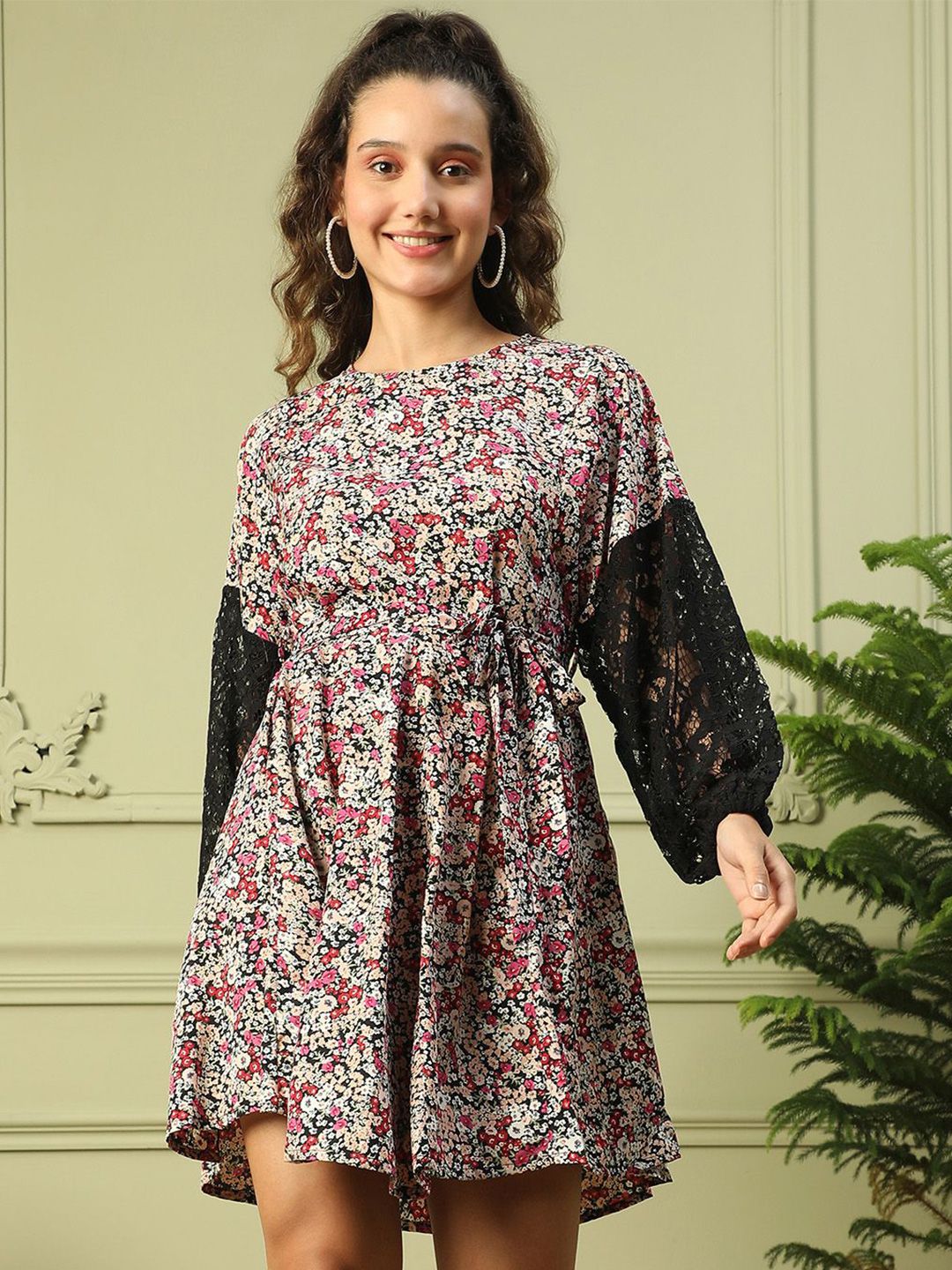 Oxolloxo Women Floral Printed Puff Sleeves Tie-Ups Lace Detailed Dress-picture-19