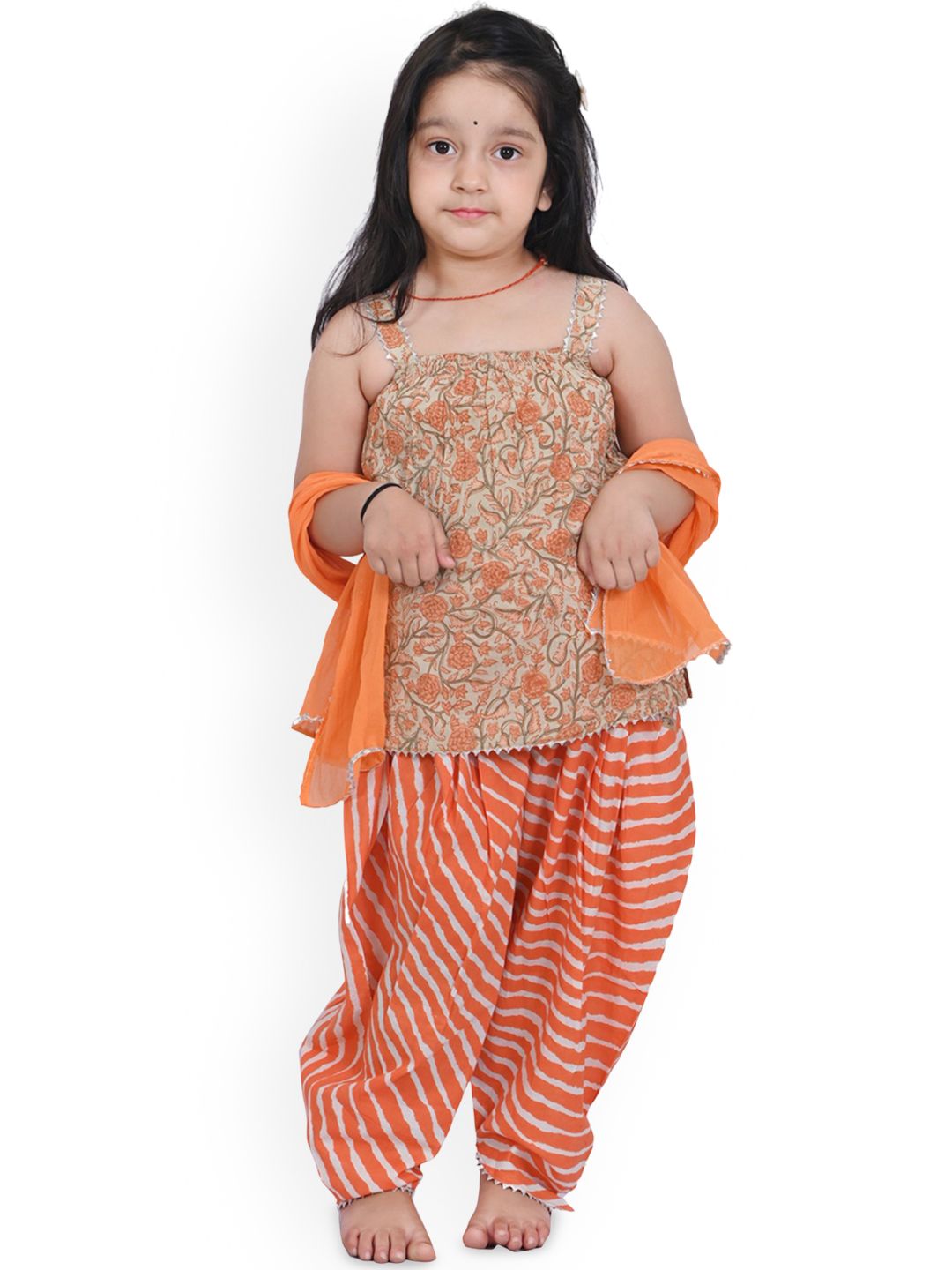 Billion Girls Floral Printed Regular Gotta Patti Pure Cotton Kurta with Dhoti Pants & With Dupatta