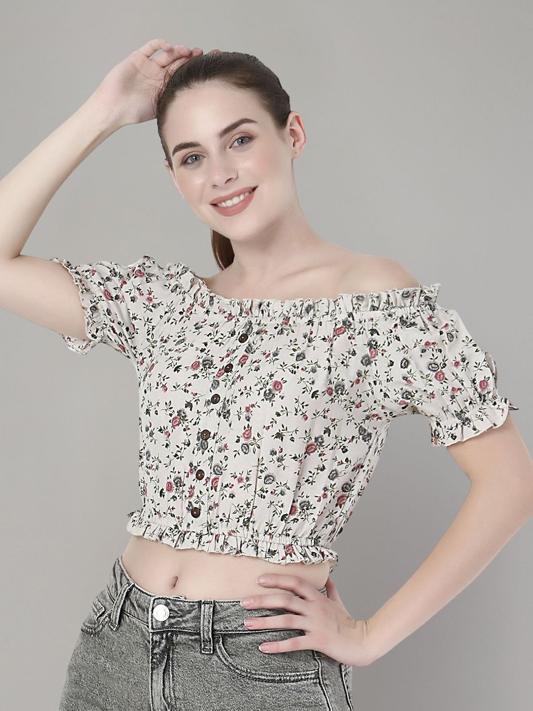 Zuvino Women Floral Print Off-Shoulder Puff Sleeve Ruffles Blouson Crop Top-picture-30
