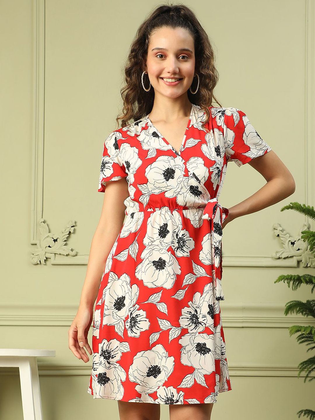 Oxolloxo Women Floral Printed Fit and Flare Dress With Tie-Knot-picture-24