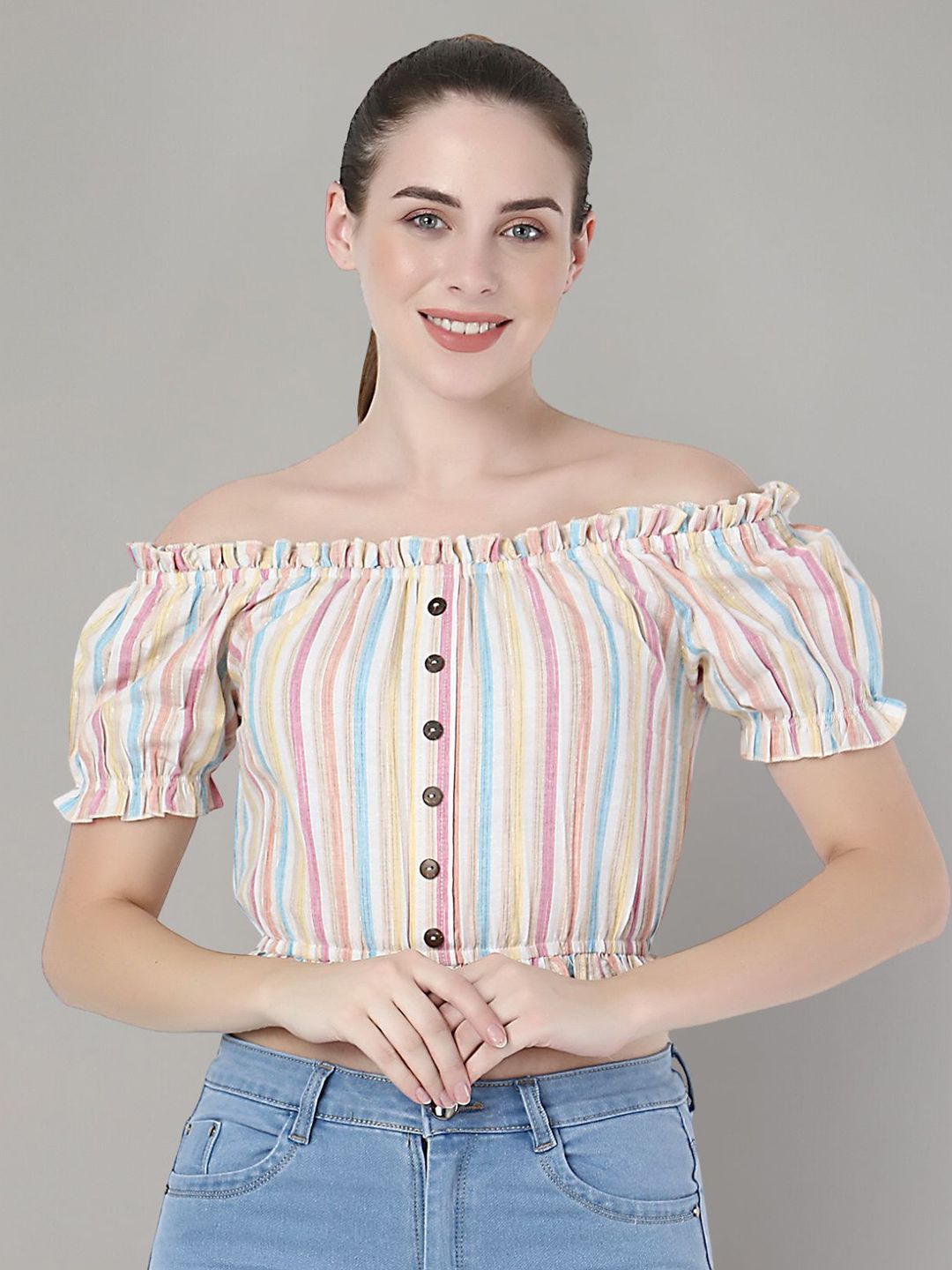 Zuvino Women Striped Off-Shoulder Puff Sleeve Ruffles Cotton Blouson Crop Top-picture-43