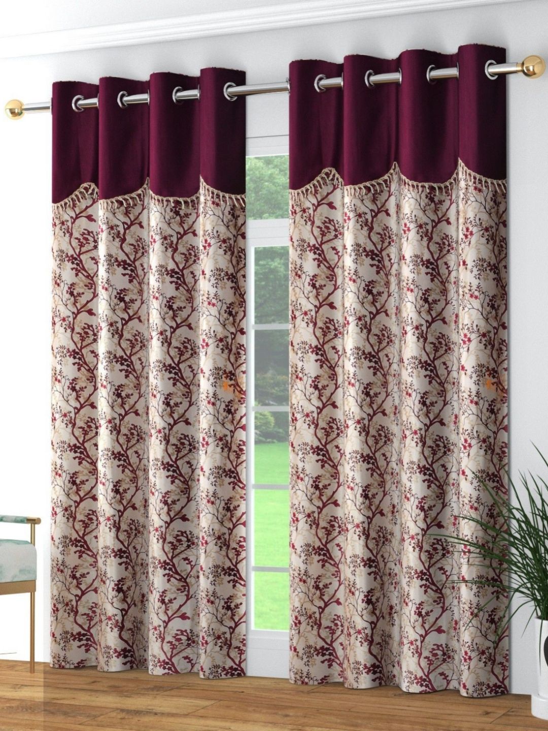 Galaxy Home Decor Purple & Beige Floral Printed 2 Pieces Long Door Curtain-image-38