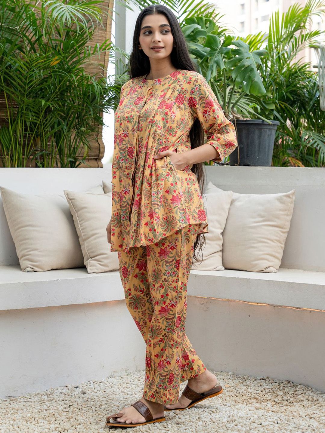 Moda Rapido Floral Printed Mandarin Collar Pure Cotton Tunic With Trousers-picture-12