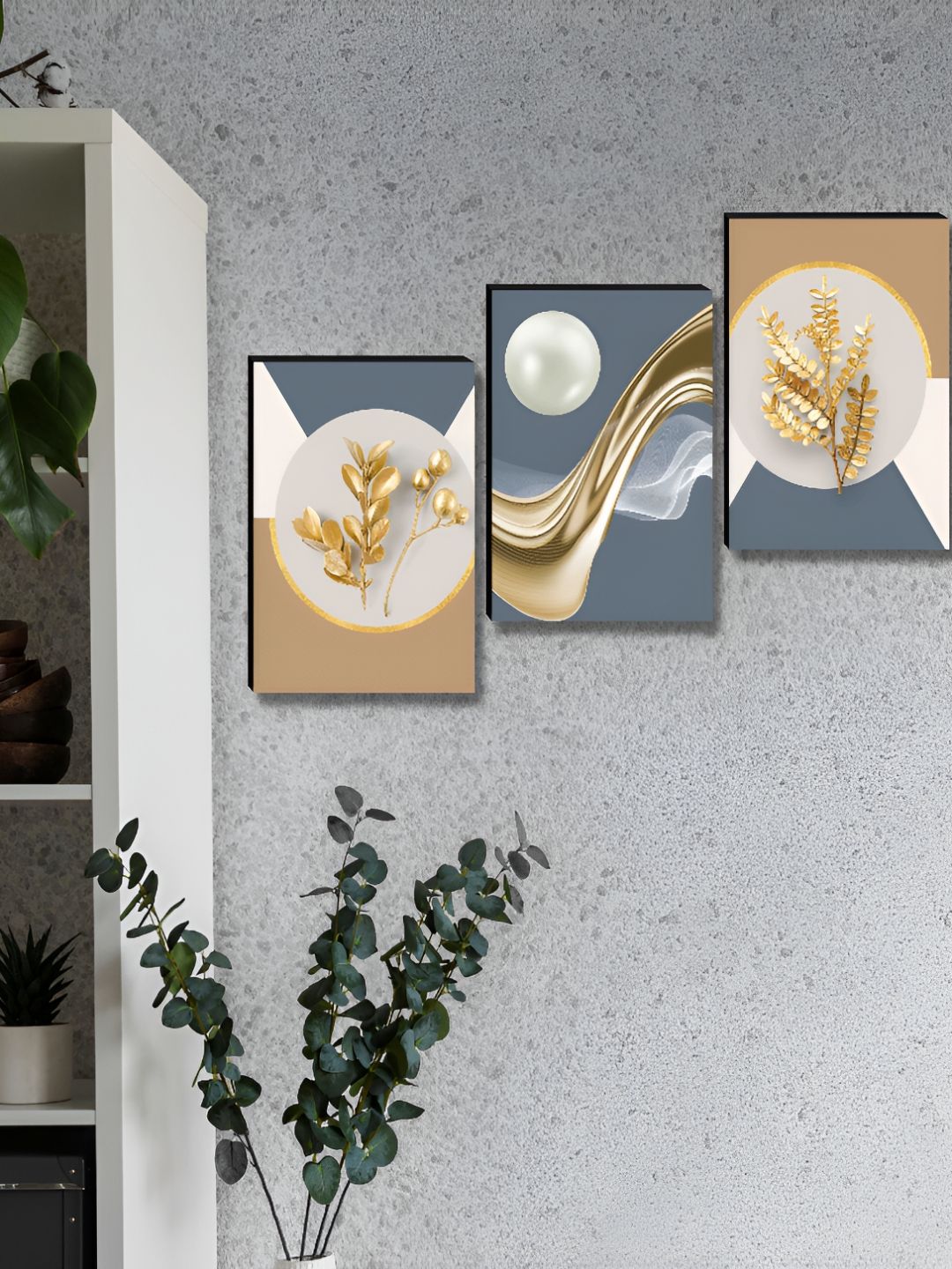 SAF Off White & Gold-Toned 3 Pieces Leaf Printed Wooden Wall Art-picture-34