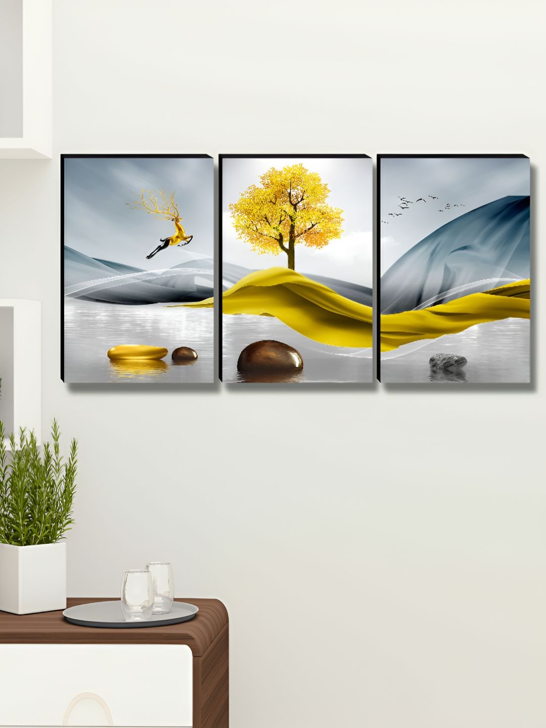 SAF Blue & Yellow 3 Pieces Tree Printed Wooden Wall Art-picture-26