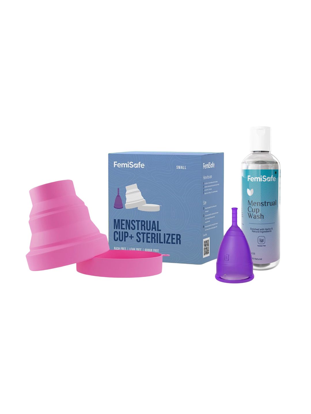 FEMISAFE Set Of 3 Leakproof Menstrual Cup- S & Sterilizer And Cup Wash