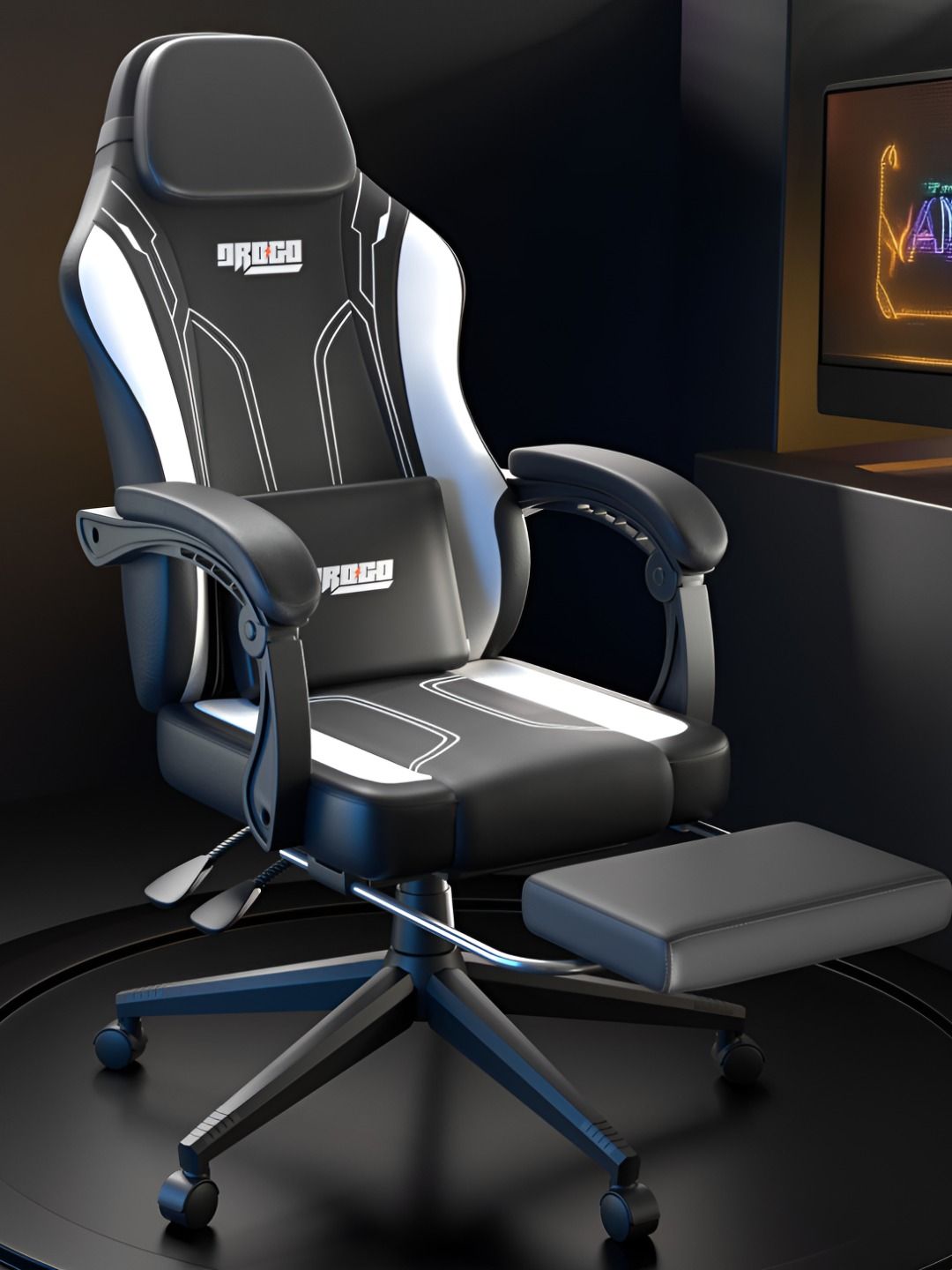 DROGO White & Black Onyx Gaming Chair With Adjustable Neck & Lumbar Support Pillow