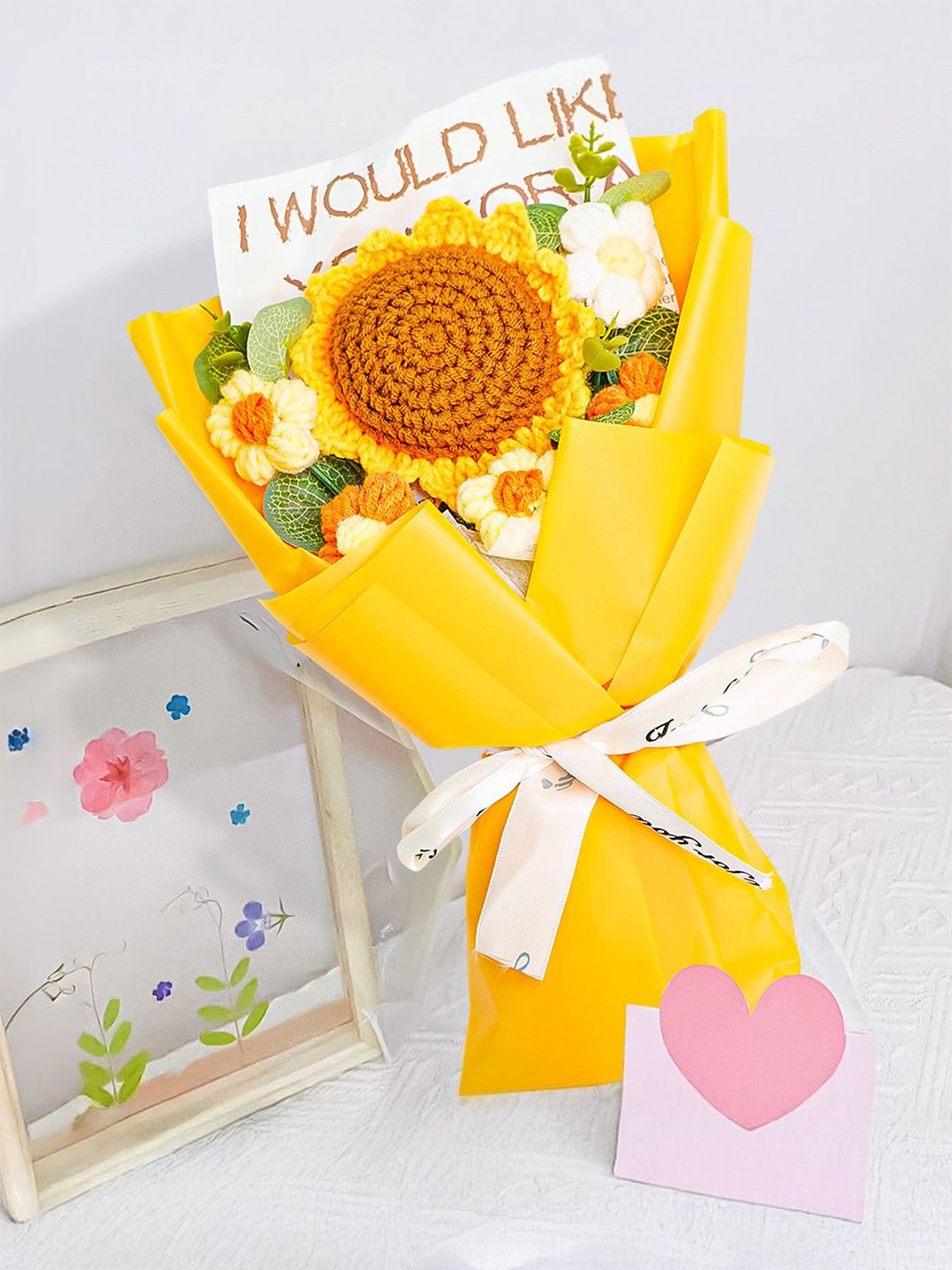 Ekhasa Yellow & Green Sunflower Crochet Artificial Flowers Bouquet-image-8