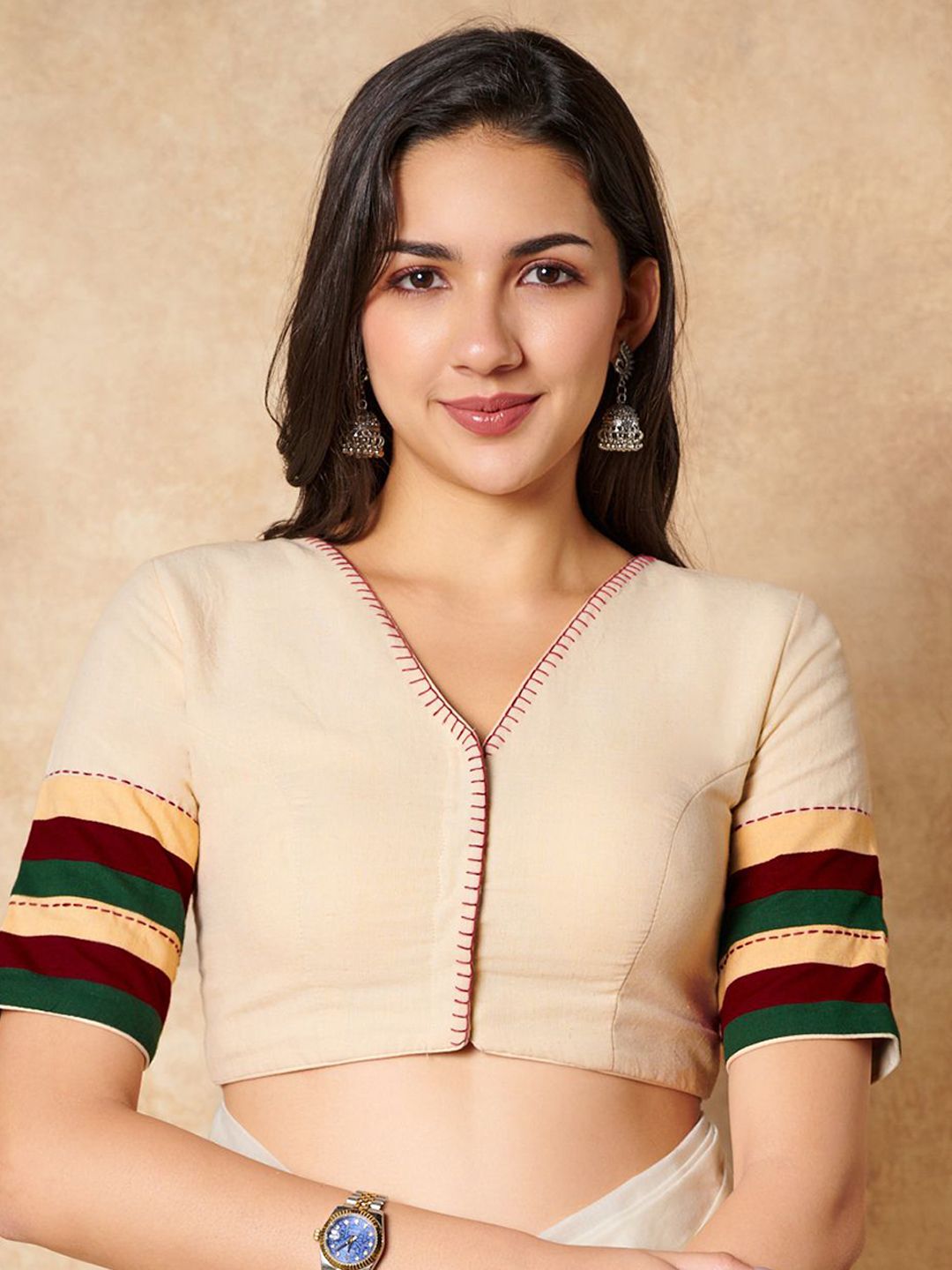 SALWAR STUDIO Embroidered Pure Cotton V-Neck Readymade Saree Blouse-picture-21