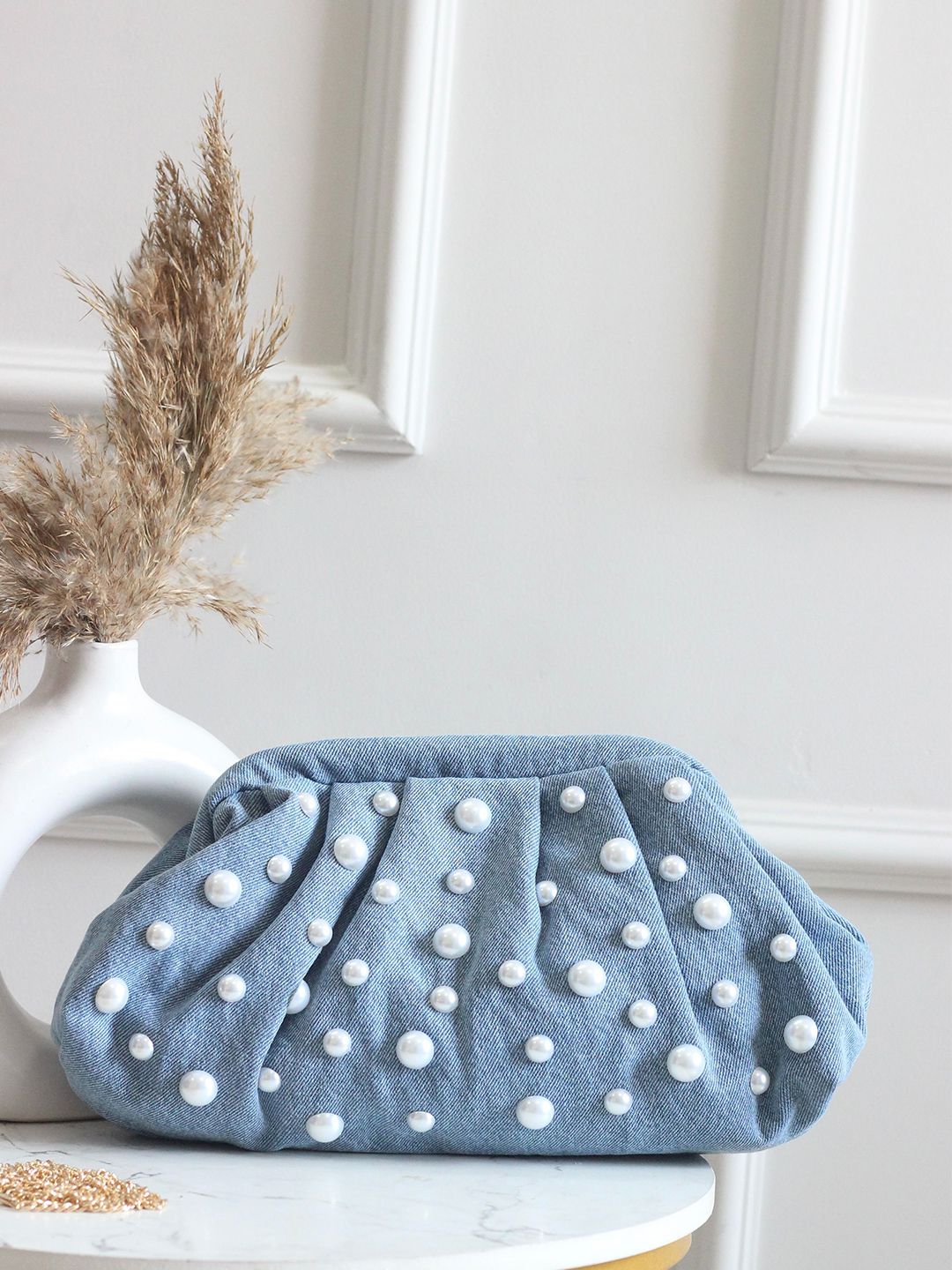 BOXWISH BY BHUMIKA Denim Pearls Embosed Embellished Purse Clutch-picture-28
