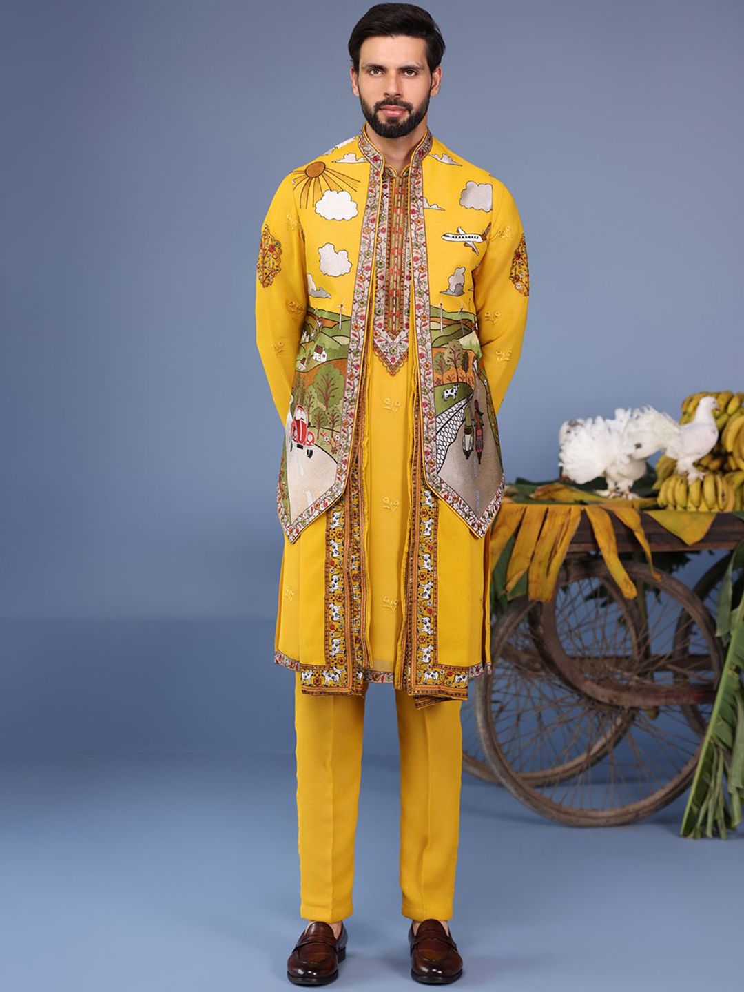 KALPRAAG Men Floral Embroidered Regular Sequinned Kurta with Trousers & With Dupatta-image-43