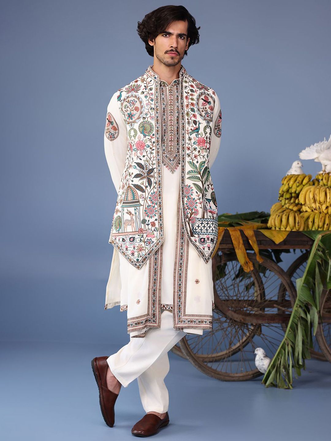 KALPRAAG Men Floral Embroidered Regular Sequinned Kurta with Trousers & With Dupatta-image-41