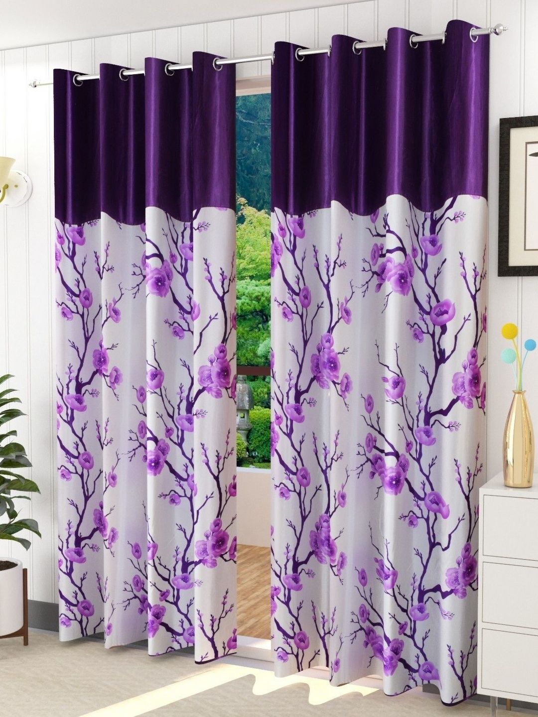 Galaxy Home Decor Purple Set of 2 Floral Window Curtain-image-44
