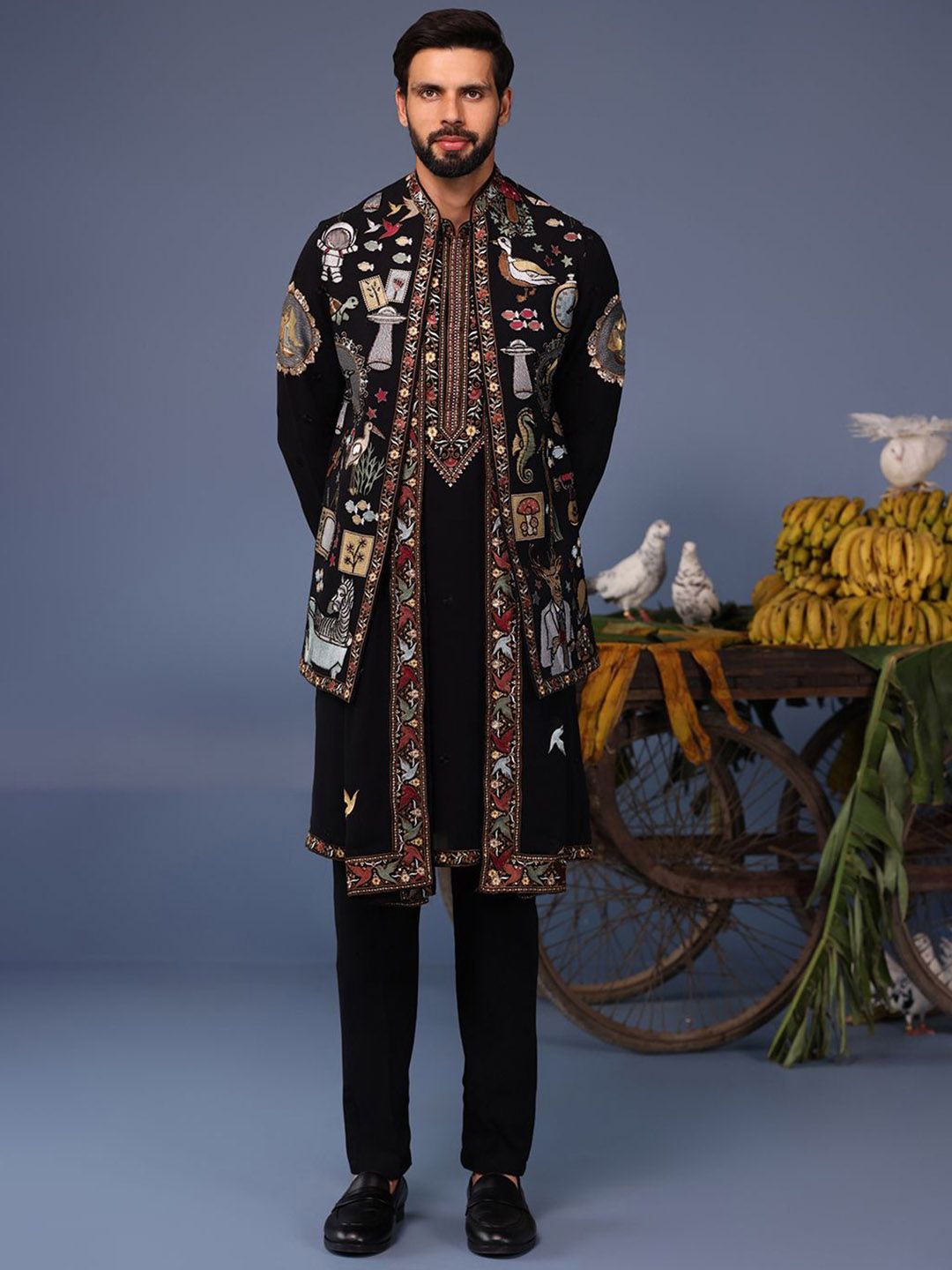 KALPRAAG Men Floral Embroidered Regular Sequinned Kurta with Trousers & With Dupatta-image-33
