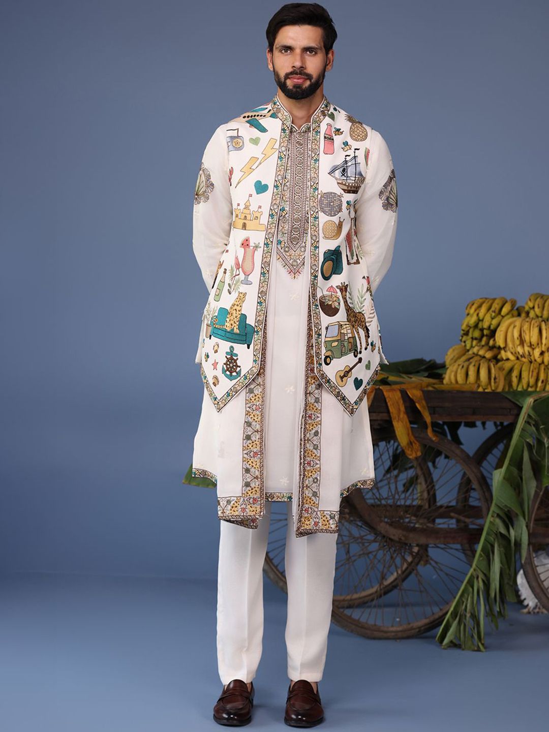 KALPRAAG Men Floral Embroidered Regular Sequinned Kurta with Trousers & With Dupatta-image-23