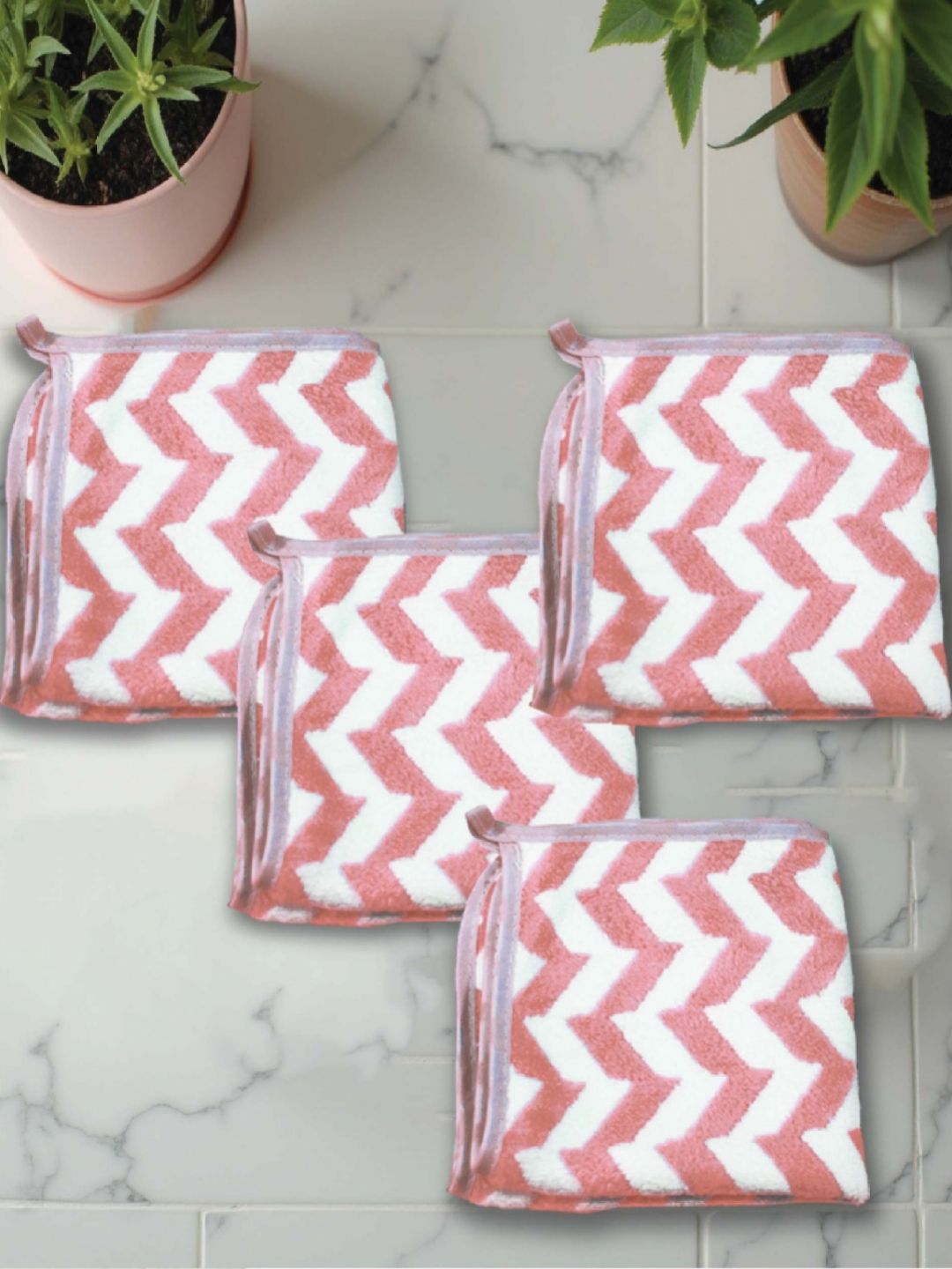 HOUSSE Pink & White 4 Pieces Printed 350 GSM Microfiber Ultra Absorbent Face Towels-image-21