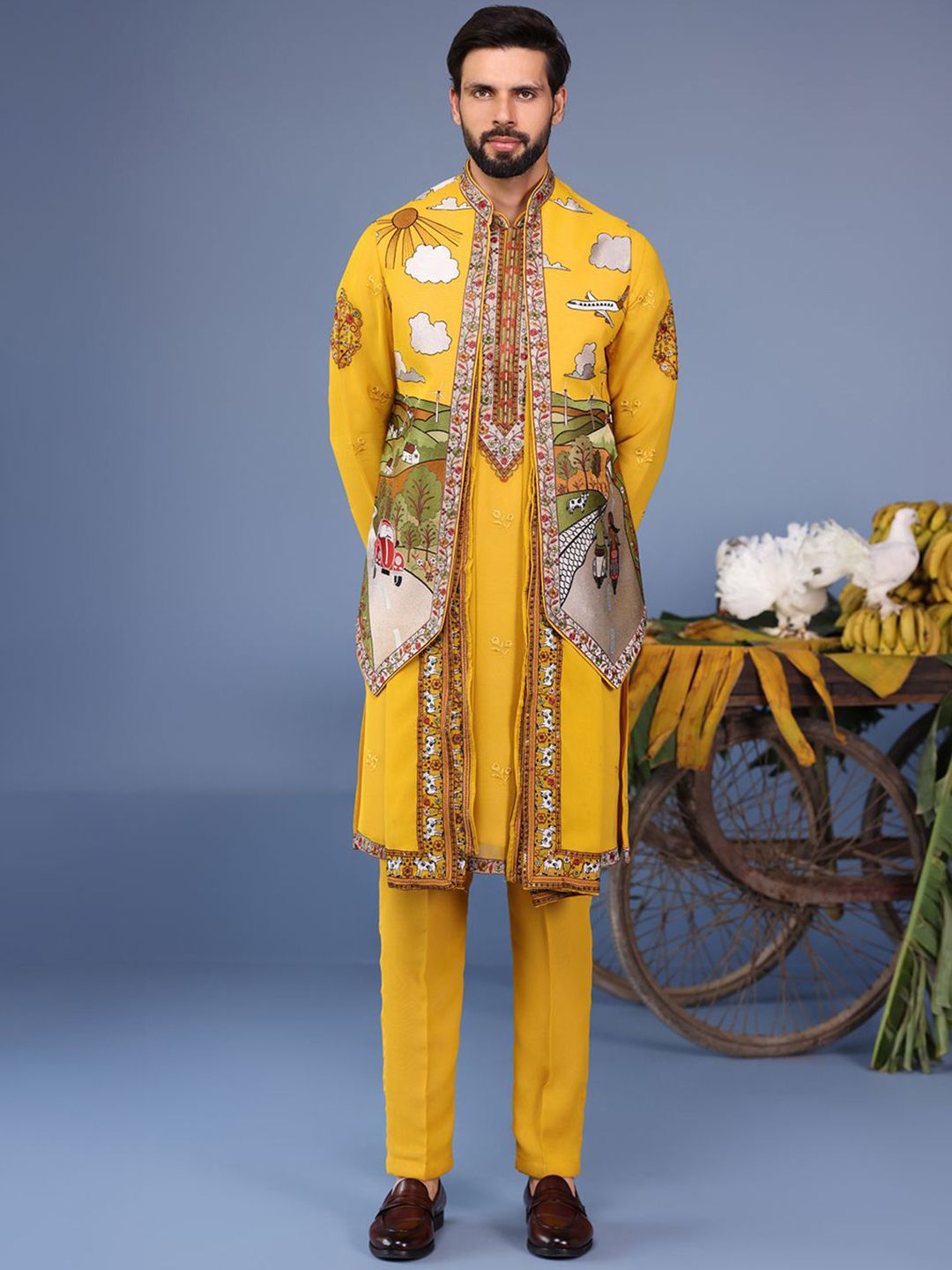 KALPRAAG Men Floral Embroidered Regular Sequinned Kurta with Trousers & With Dupatta-image-32