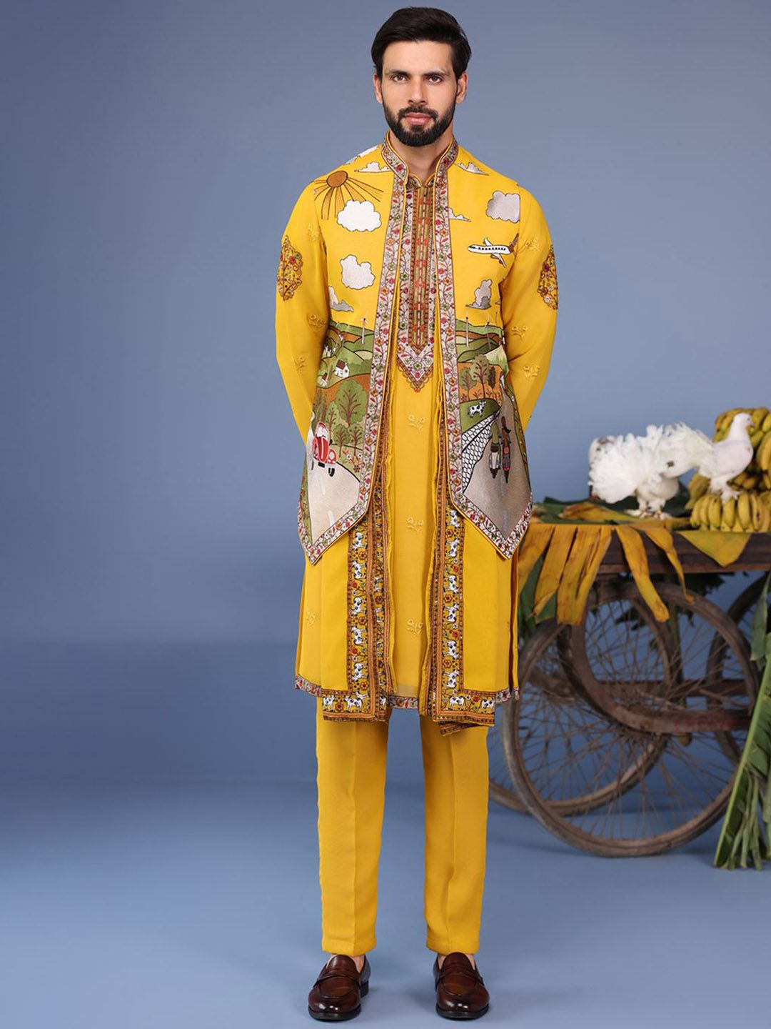 KALPRAAG Men Floral Embroidered Regular Sequinned Kurta with Trousers & With Dupatta-image-26