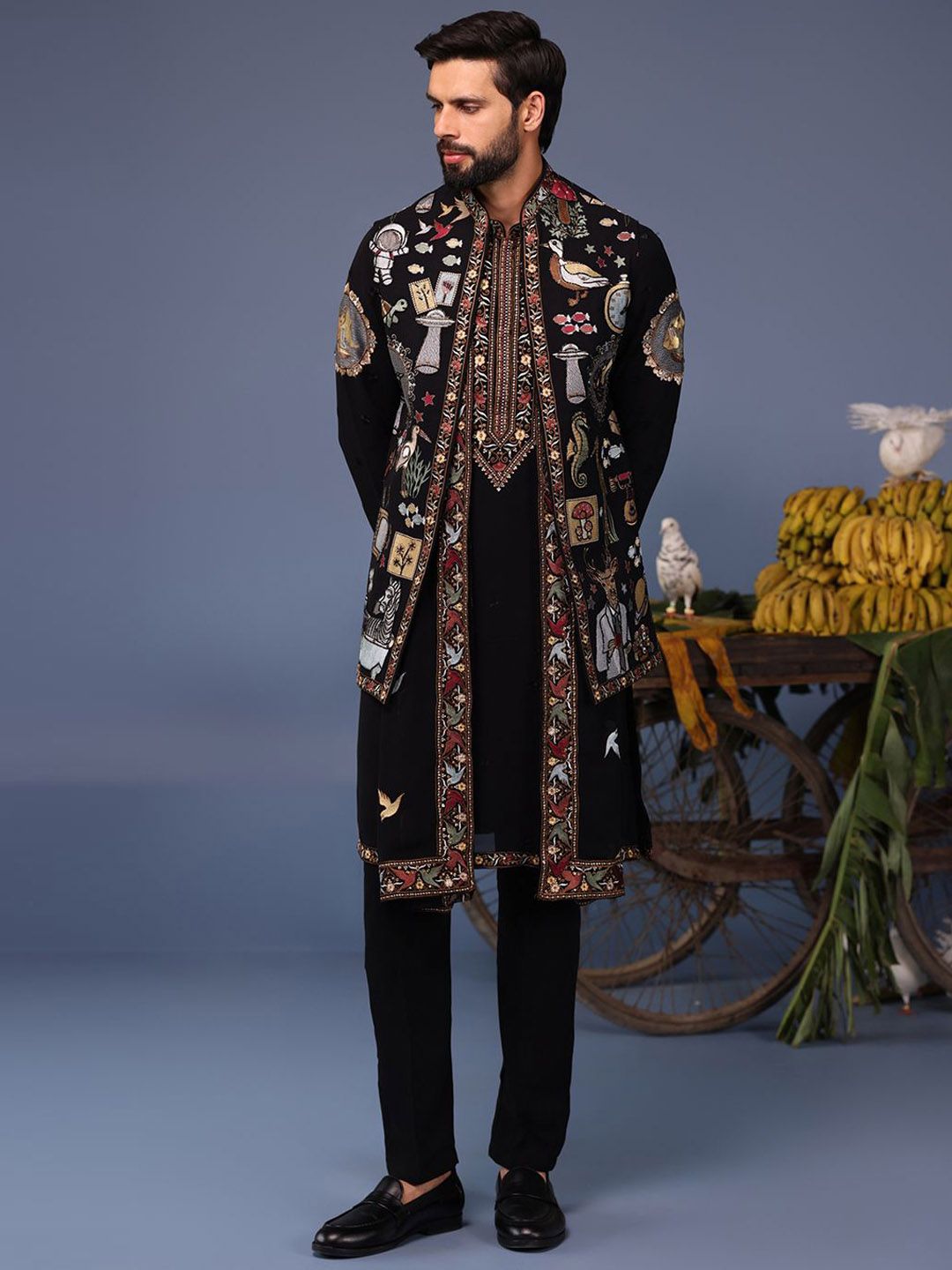 KALPRAAG Men Floral Embroidered Regular Sequinned Kurta with Trousers & With Dupatta-image-46