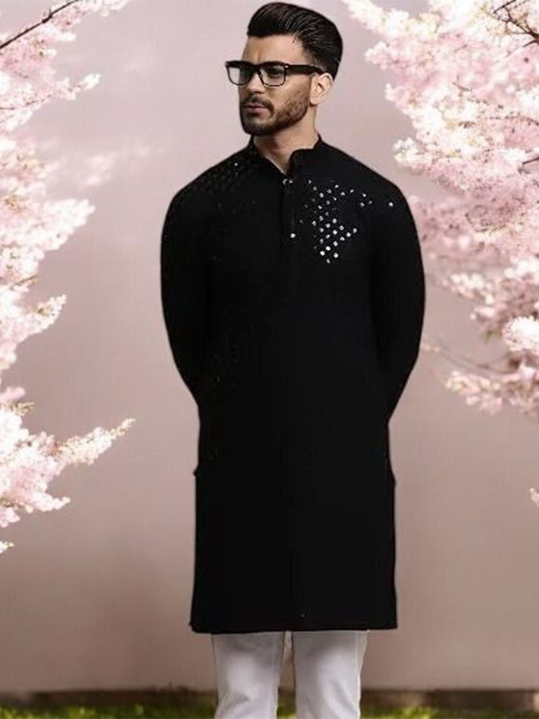 Atly Geometric Embroidered Mandarin Collar Sequnnied Silk Straight Kurta-picture-57