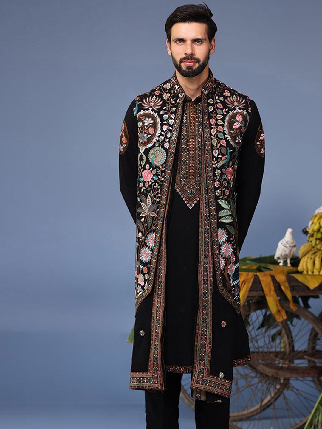 KALPRAAG Men Floral Embroidered Regular Sequinned Kurta with Trousers & With Dupatta-image-39