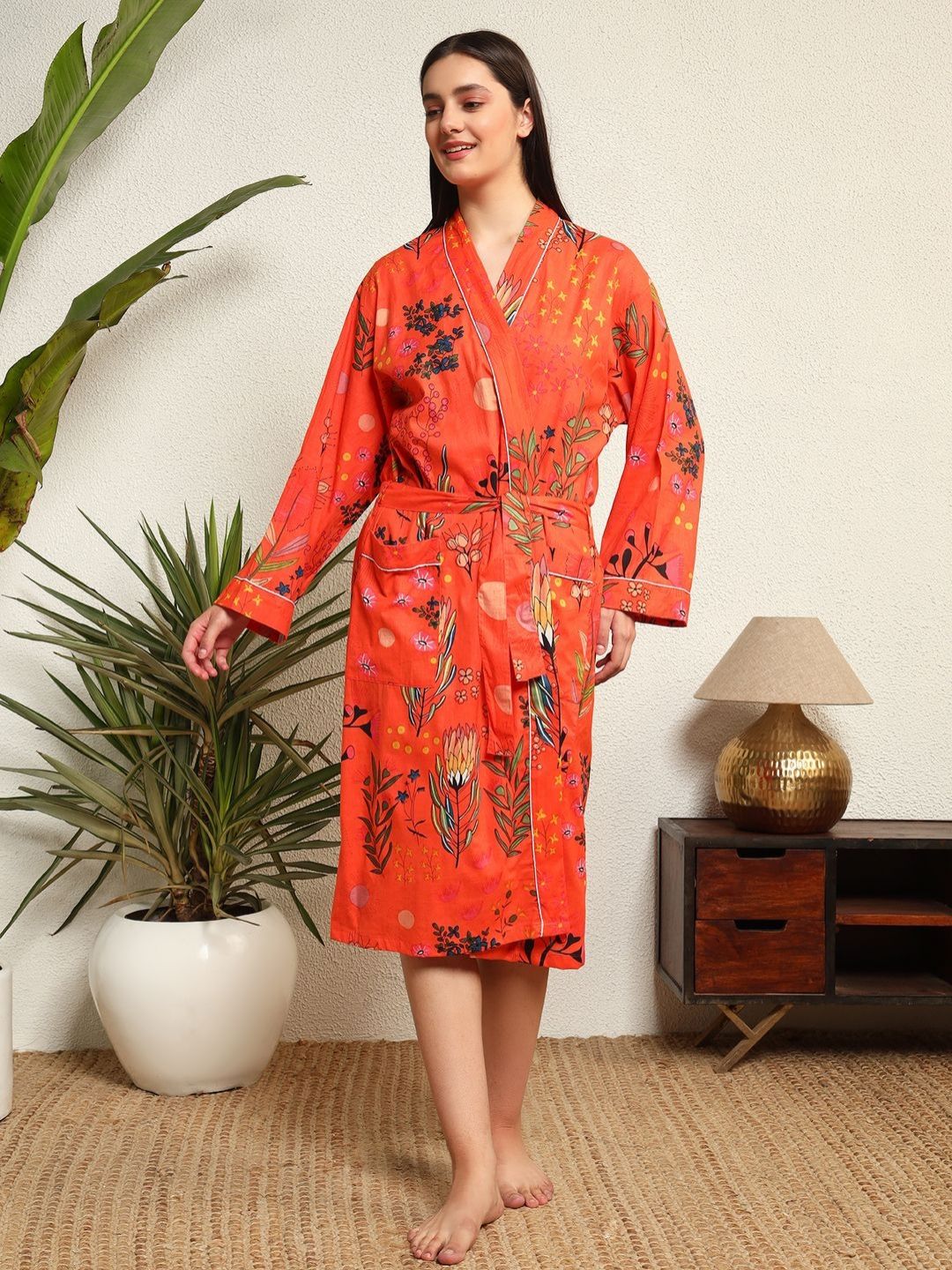 HANDICRAFT PALACE Orange and Green Floral Printed 100% Cotton Bath Robe With Belt-picture-49