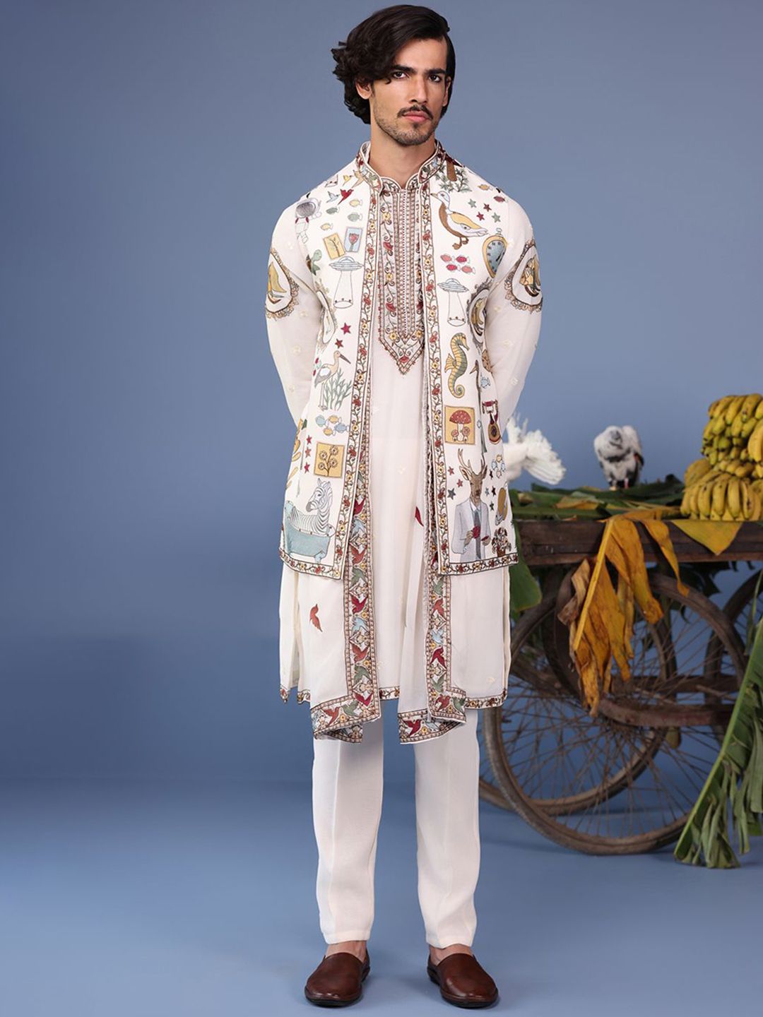 KALPRAAG Men Ethnic Motifs Embroidered Regular Sequinned Kurta with Trousers & With Dupatta-image-3